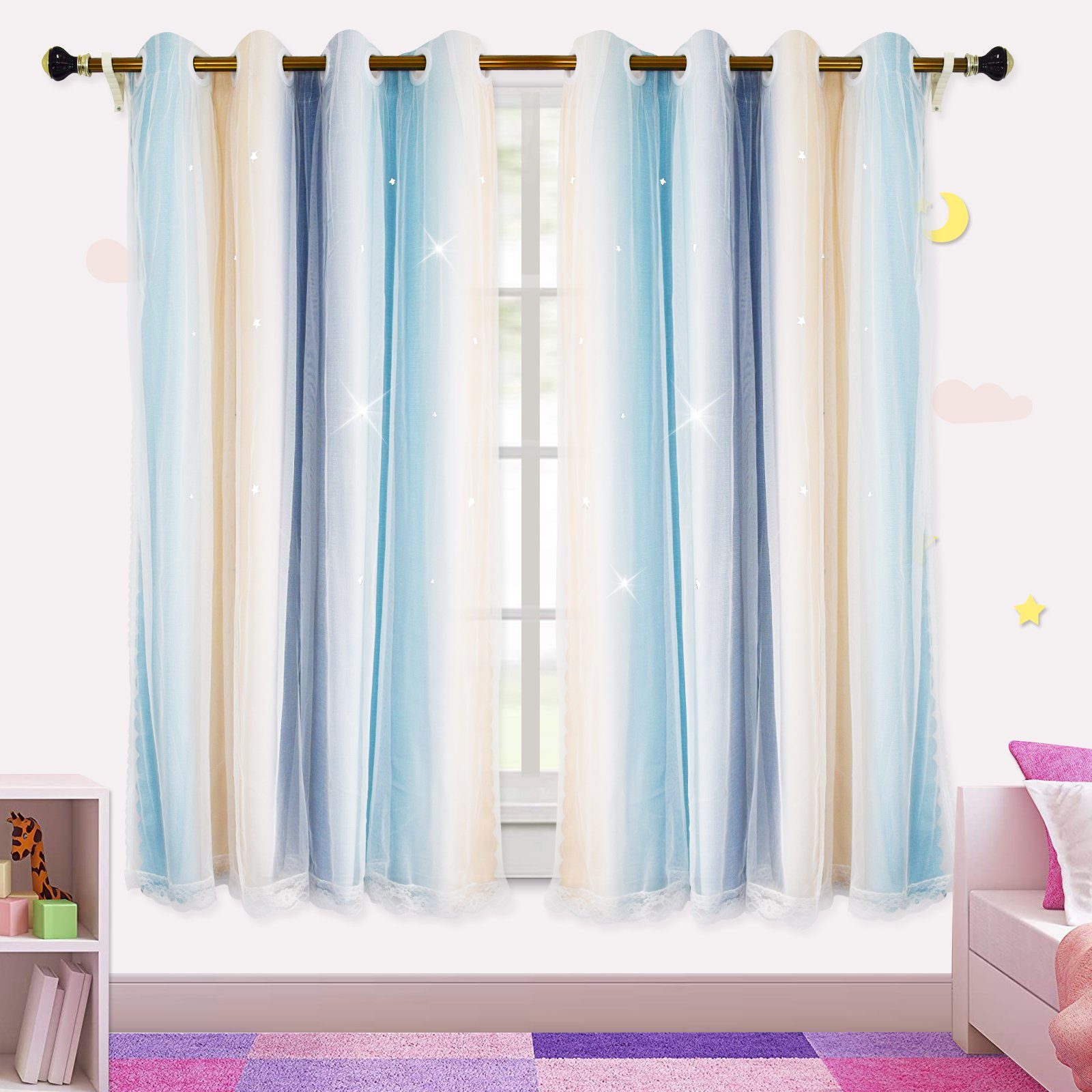 Sunicol Scheibengardine Fenstervorhang,Doppellagig,Schleife Garn Tüll,Hollow-Out Ombre Sterne (2 St), Öse, stark perforiert, W*H: 132x160cm,132x215cm,132x243cm
