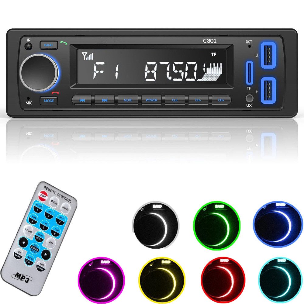 COOAU 1 Din Autoradio Bluetooth mit Freisprecheinrichtung mit 2 USB/AUX Autoradio (4 × 60 W Vierkanal-Stereoausgang, Ausgang, Leicht zu kontrollieren, Keine Verzögerung für Unabhängige Zeitanzeige, Drahtlose Fernbedienung,18 voreingestellte Radiosender können gelagert werden, 7 Farben FM für Kompatibel mit Smartphone,Bluetooth)