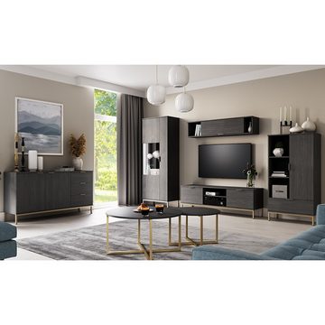 Lomadox Sideboard PERIA-132, schwarz 3 Schubladen goldfarbenem Fußgestell aus Metall 150/80/41 cm