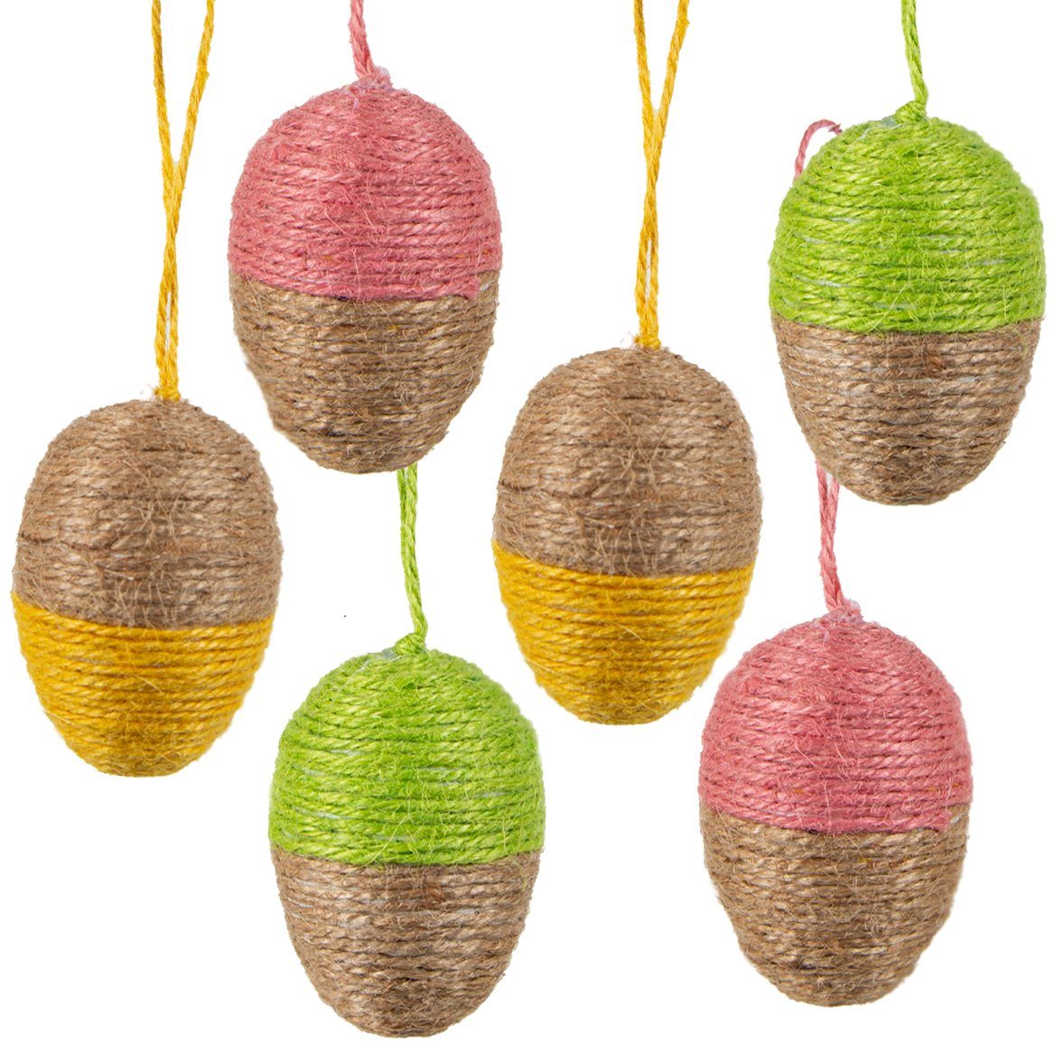 Logbuch-Verlag Osternest 6 Bunte Ostereier mit Jute umwickelt 6 cm, braun rosa gelb grün Osteranhänger