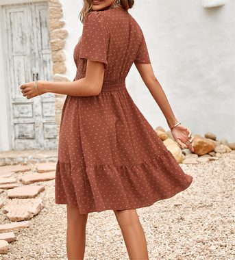AFAZ New Trading UG Dirndl Frühlings- und Sommerkleid mit V-Ausschnitt und Rüschenärmeln Frisches, schlichtes Polka-Dot-Kleid mit Lotusblatt-Ärmeln