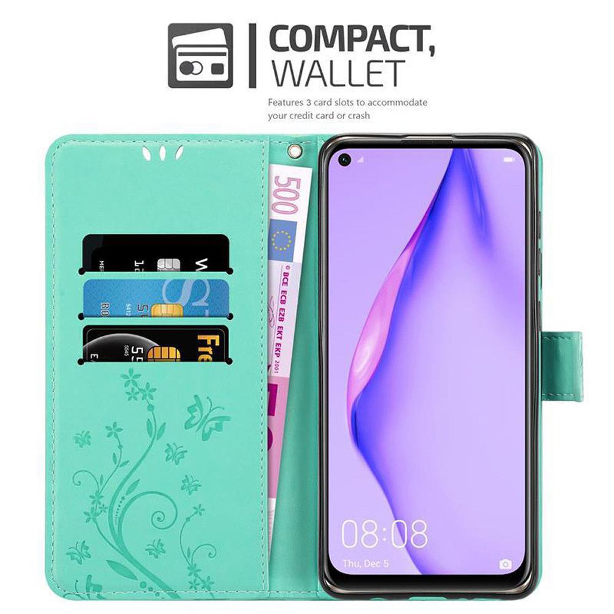 Cadorabo Handyhülle für Huawei NOVA 6 SE / P40 LITE / NOVA 7i Hülle Huawei NOVA 6 SE / P40 LITE / NOVA 7i, Hülle Schutzhülle Blumen Flower mit Standfunktion Kartenfach Magnet