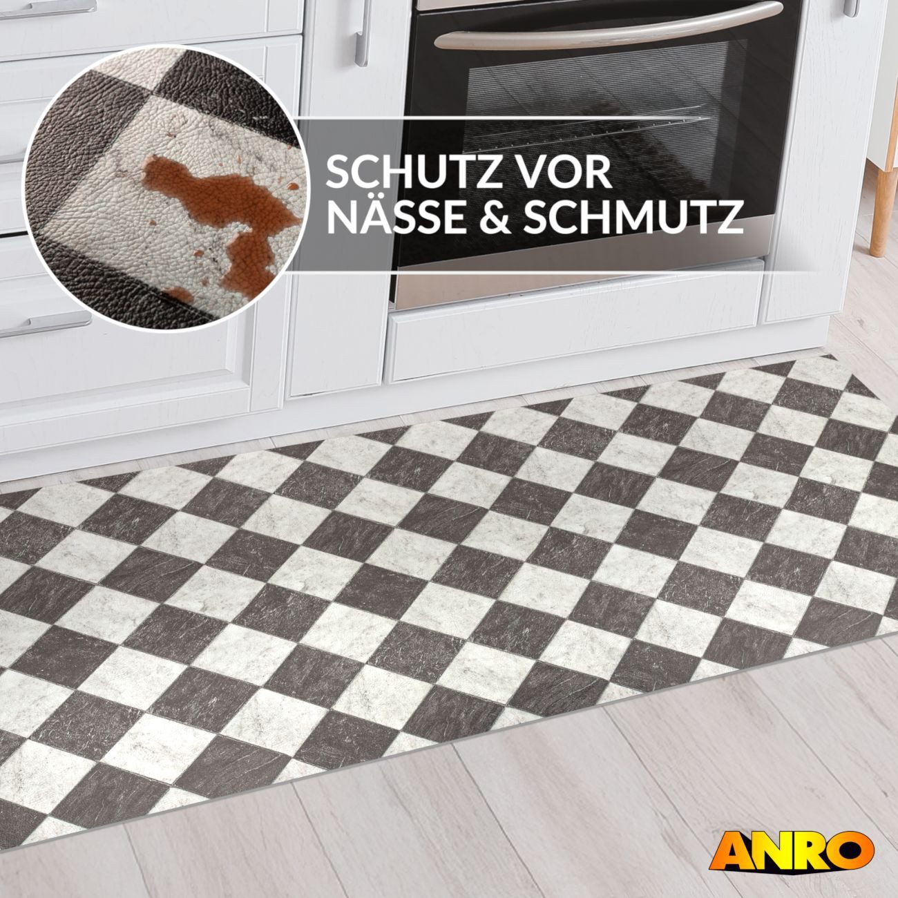 ANRO Küchenläufer abwaschbar Schach LADY Läufer pflegeleicht Küchenteppich, Rechteckig, Höhe: 3 mm, robust schmutzabweisend 67x100cm Vintage Schwarz robust – Bild 5 von 5