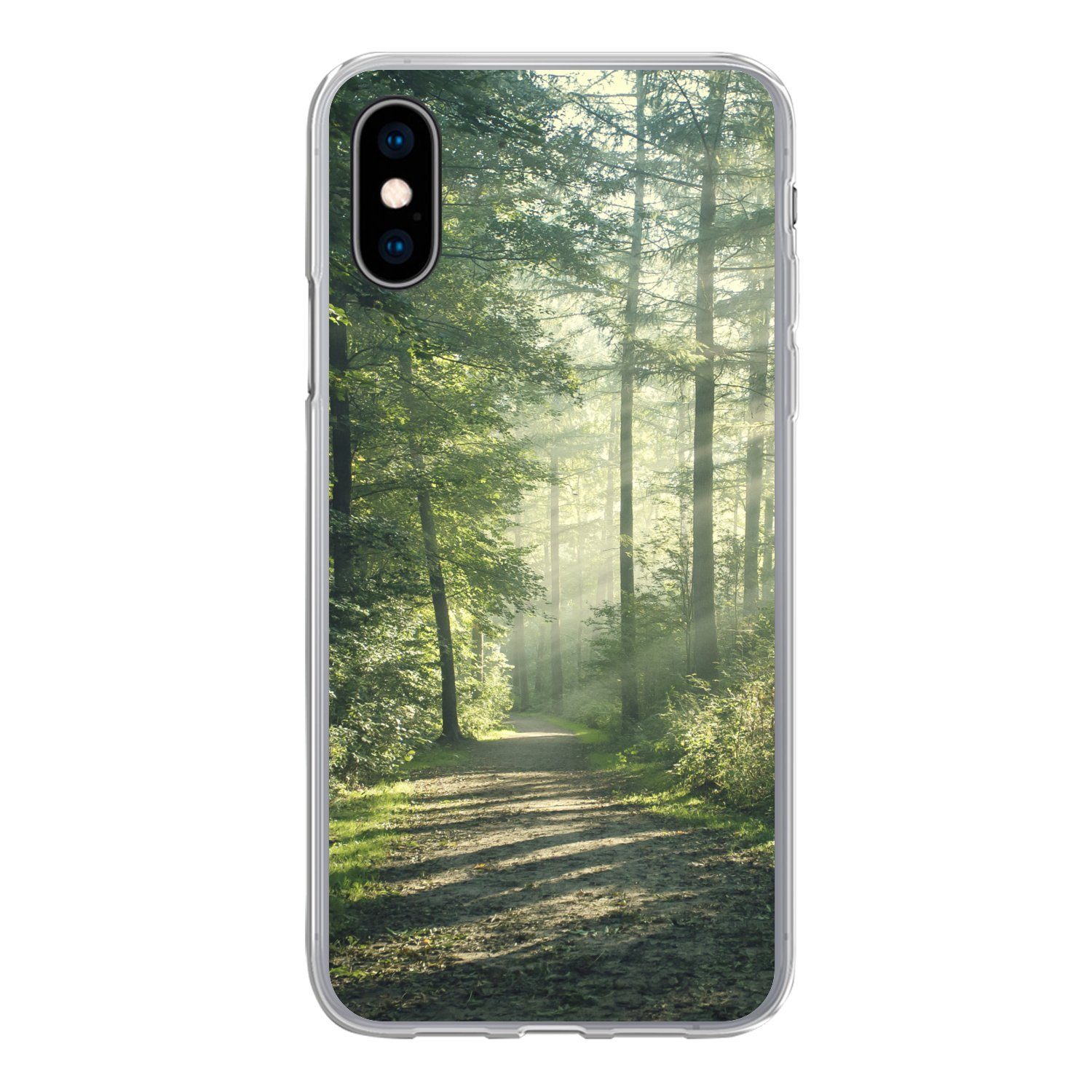 MuchoWow Handyhülle für Apple iPhone X Wald - Weg - Sonne - Bäume - Grün - Natur, Smartphone-Bumper, Print, Handy Schutzhülle Dünn