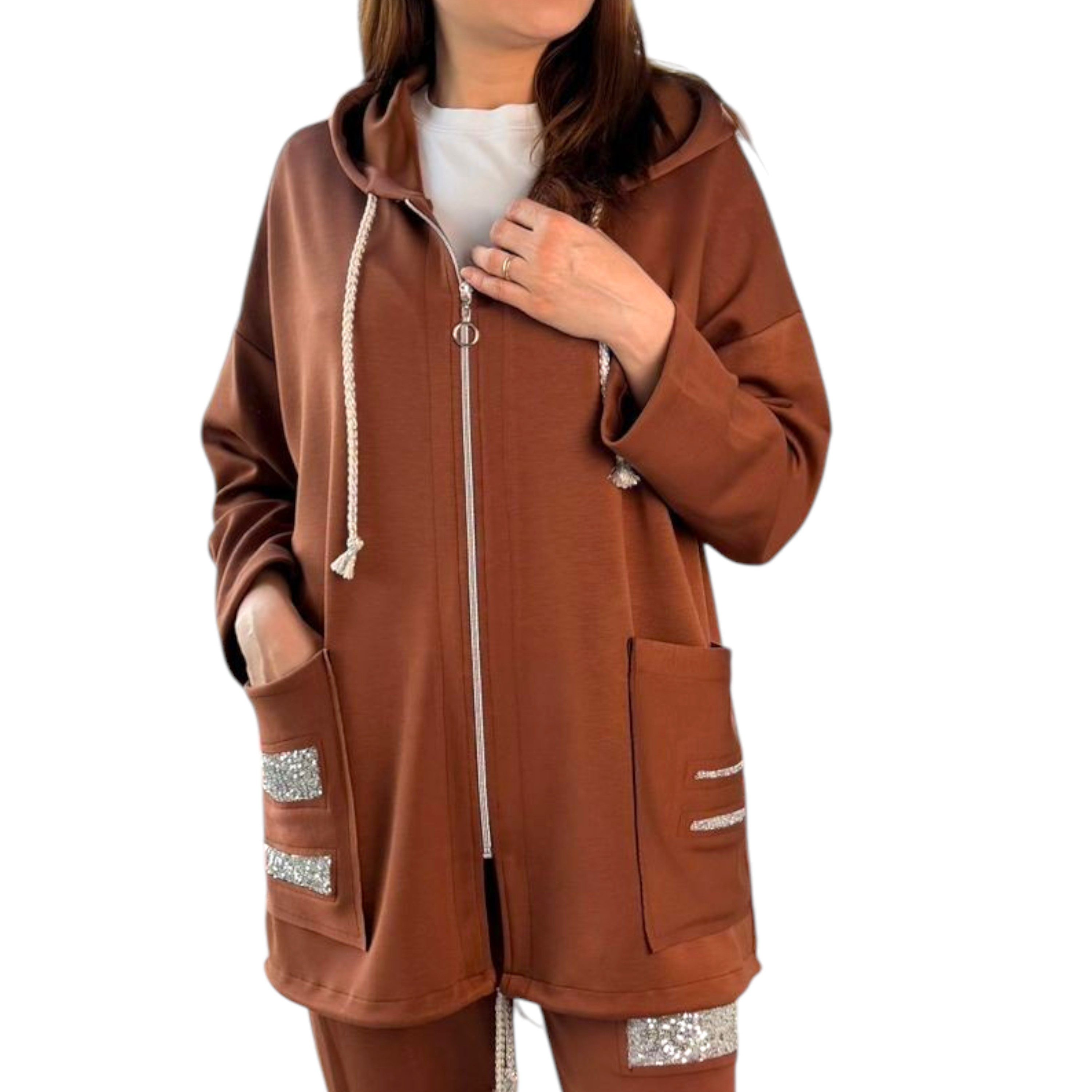 WENOR Kapuzensweatjacke Damen lang Oversize Zip Hoodie Strass Rücken Taschen Strass Details, Rücken Cut-Out Design, Oversize Schnitt