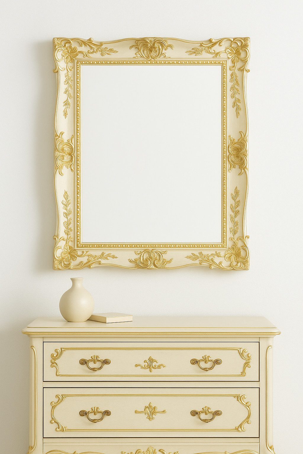 ASR Rahmendesign Barockspiegel Bellaria (lackiertes Elfenbein mit Blattgolddetails, Größe außen: 78cm x 98cm x 4cm), handgefertigt, klassisches Design
