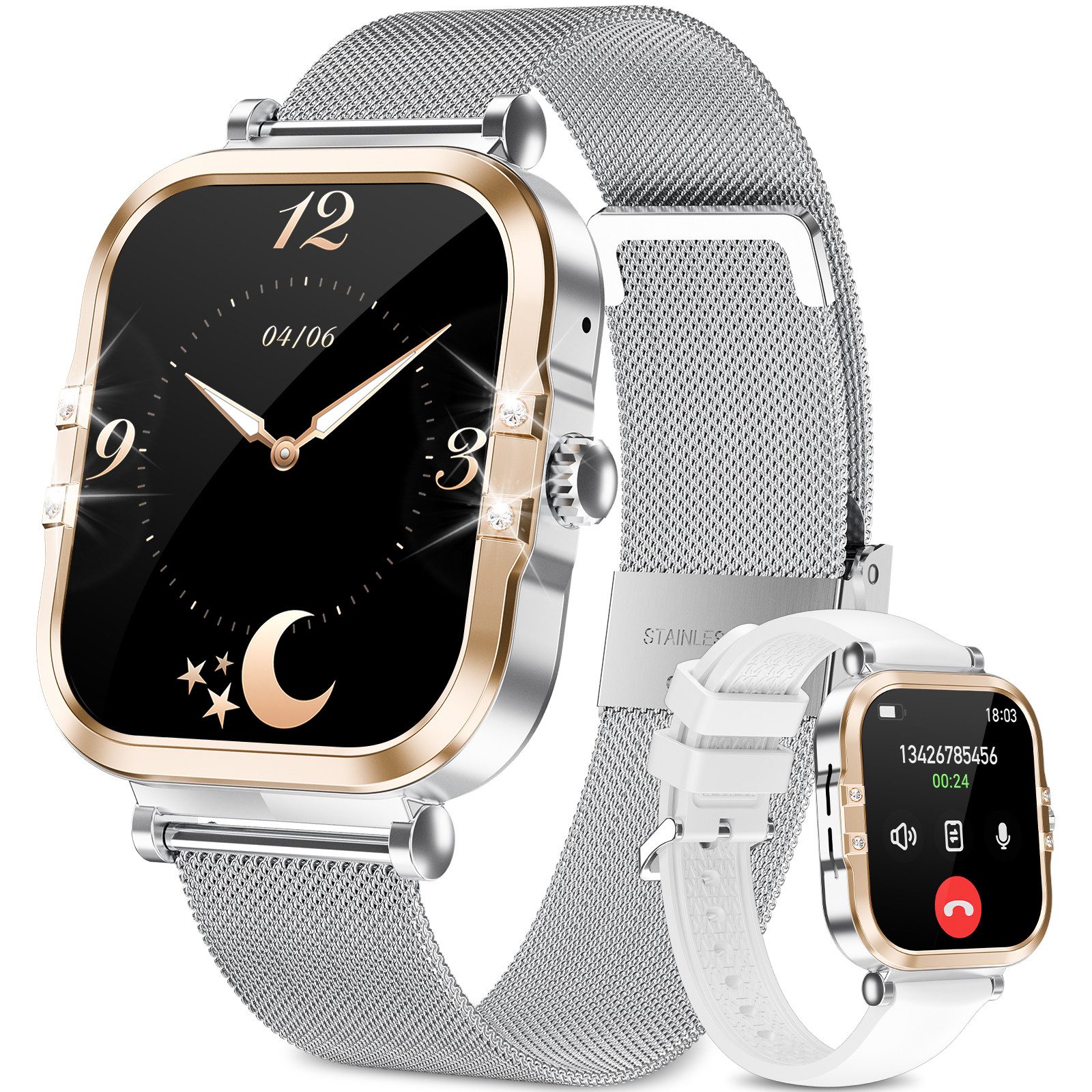 Yuede AMOLED SmartWatch Damen,2025 Neue 1,75" Fitnessuhr mit Telefonfunktion Smartwatch (Zwei Armbänder, Full Touch Square Fine Sportuhr Damen cm/1,75-Zoll-AMOLED-HD Explosionssicherer gehärteter Glasbildschirm Zoll) Mit Menstruationszyklus, Schrittzähler, Blutdruckmessung, Herzfrequenzmonitor, Oximetrie Monitor, Schlafmonitor, SOS, Wettervorhersage, IP67 Wasserdicht Fitness Tracker Damen, Verfügbar für Android 4.4+ / iOS 10.0+.