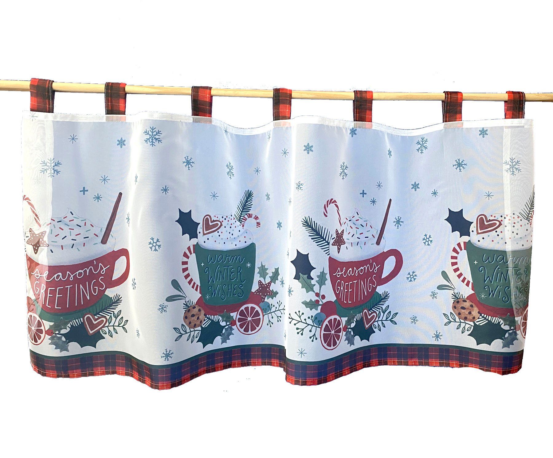 Weckbrodt Scheibengardine Seasons Greetings (1 St), Schlaufen, halbtransparent, Bistro, Voile, Bordüre, Weihnachten, HxB 45x120cm, Gardine, Store