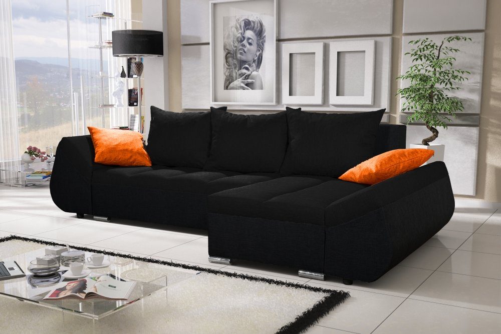 Fun Möbel Ecksofa Schlafsofa Sofa KLEO in Stoff mit mane, inkl. Rückenkissen und Zierkissen, Mit Bettkasten Schwarz