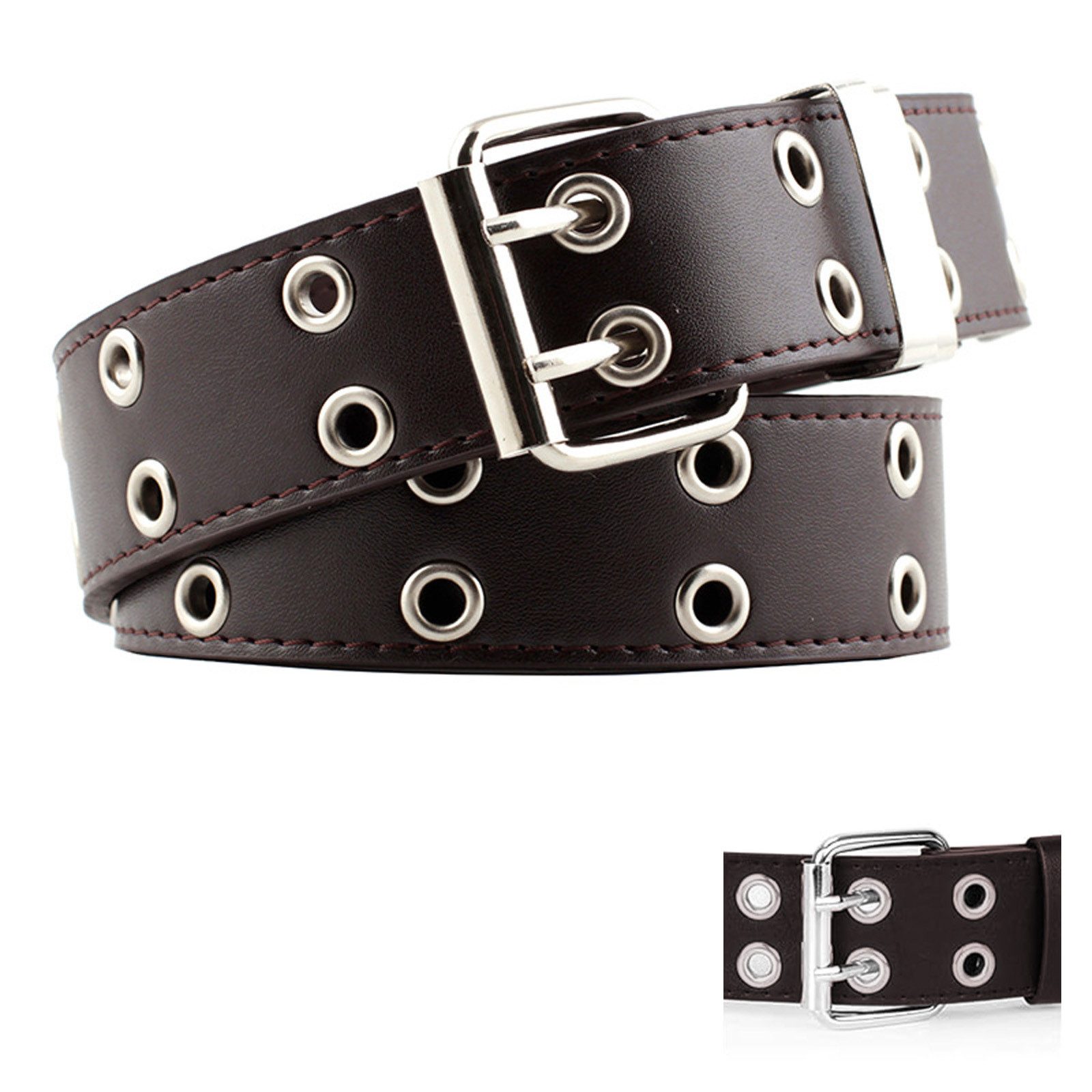 REDOM Nietengürtel Punk Doppellochgürtel verstellbarer Ösengürtel (Retro Gothic Rock Kunstleder Gürtel, 1-St., silberner Metallbeschlag, langlebiger) Accessoire für Jeans Shorts Rock Streetwear Club Festival Cosplay