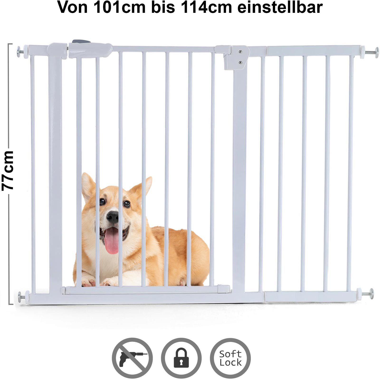 RAMROXX Treppenschutzgitter Tür Treppenschutzgitter Metall weiß verstellbar 77cm hoch 101-114cm