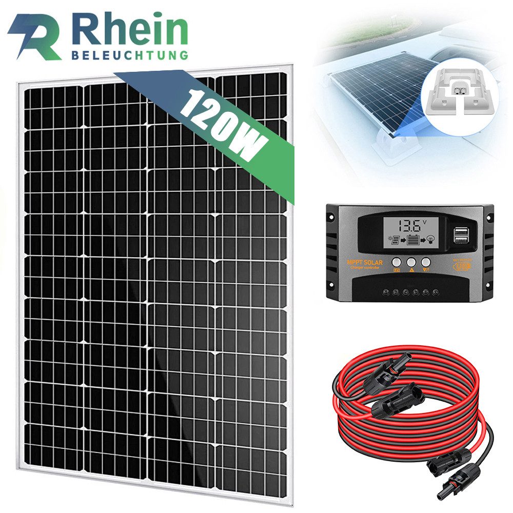Rhein Beleuchtung Solarmodul 120W 12V Solaranlage Set Wohnmobil Garten Inselanlage, 120 W, Monokristallin, (Set, 4-St., Inkl. 40A MPPT-Regler, Halterung solarpanel wohnmobil & 3 m Solarkabel), Mono Solarpanel mit Half-Cut-Technologie & IP65 Anschlussdose