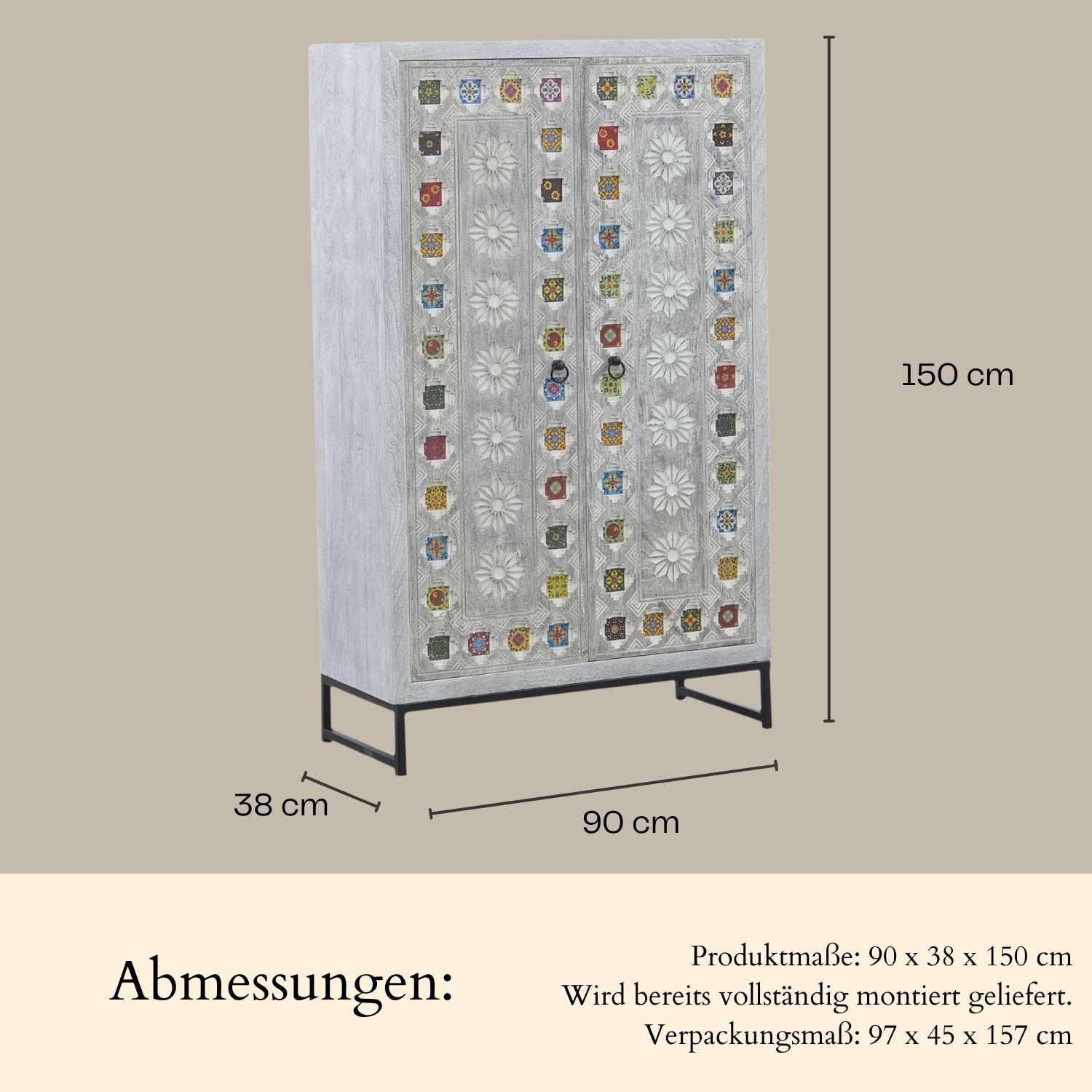 Marrakesch Orient & Mediterran Interior Highboard Boho Deko Highboard Kleiderschrank Schrank Massivholz Kahir (1 St), Handarbeit