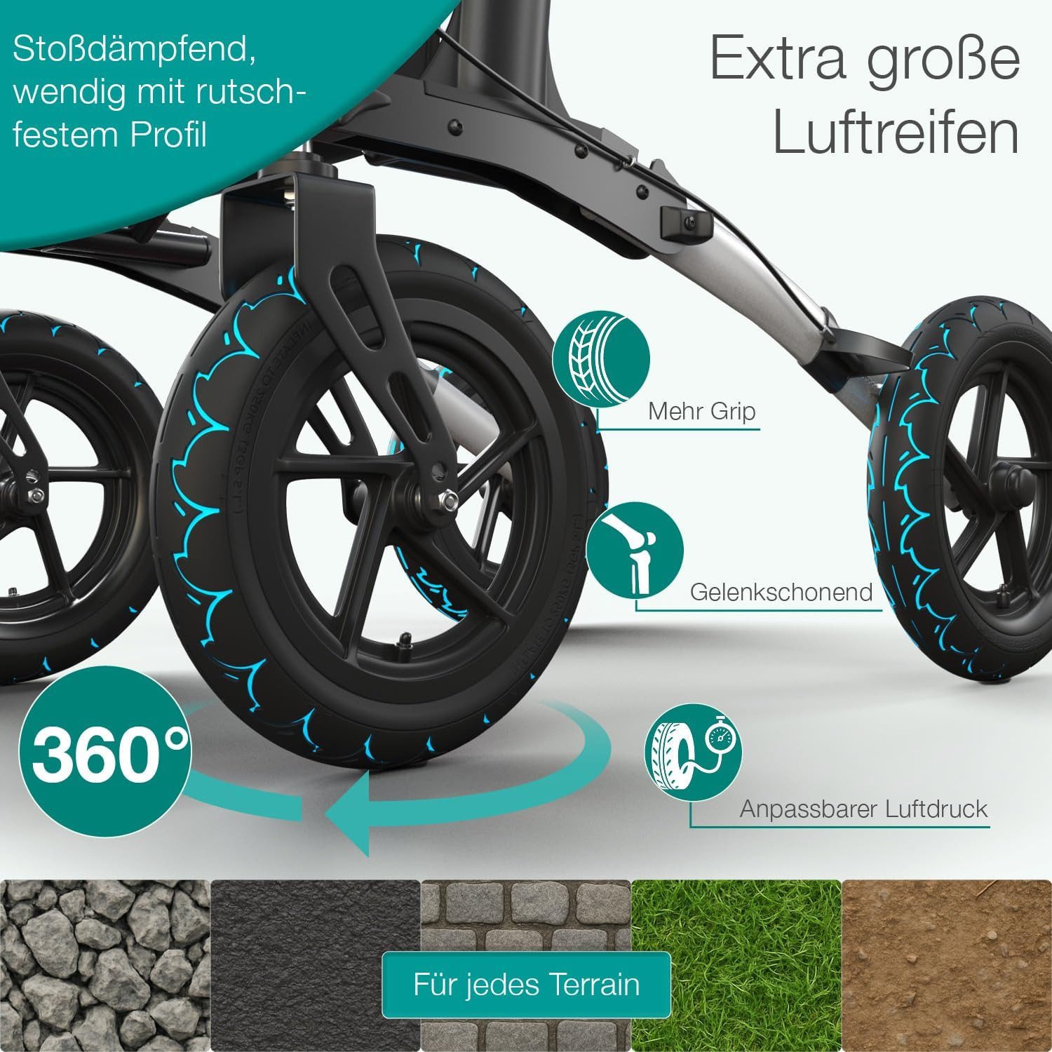 ELONEO Rollator faltbar & leicht, Outdoor Rollator mit Sitz & Luftbereifung, Klick & Go System, feststellbare Bremse, Lufträder