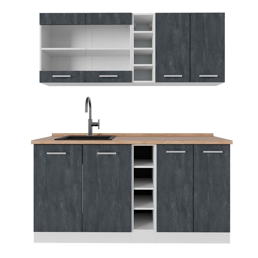 Vicco Küchenzeile R-Line, Schwarz Beton/Weiß, 160 cm AP Eiche