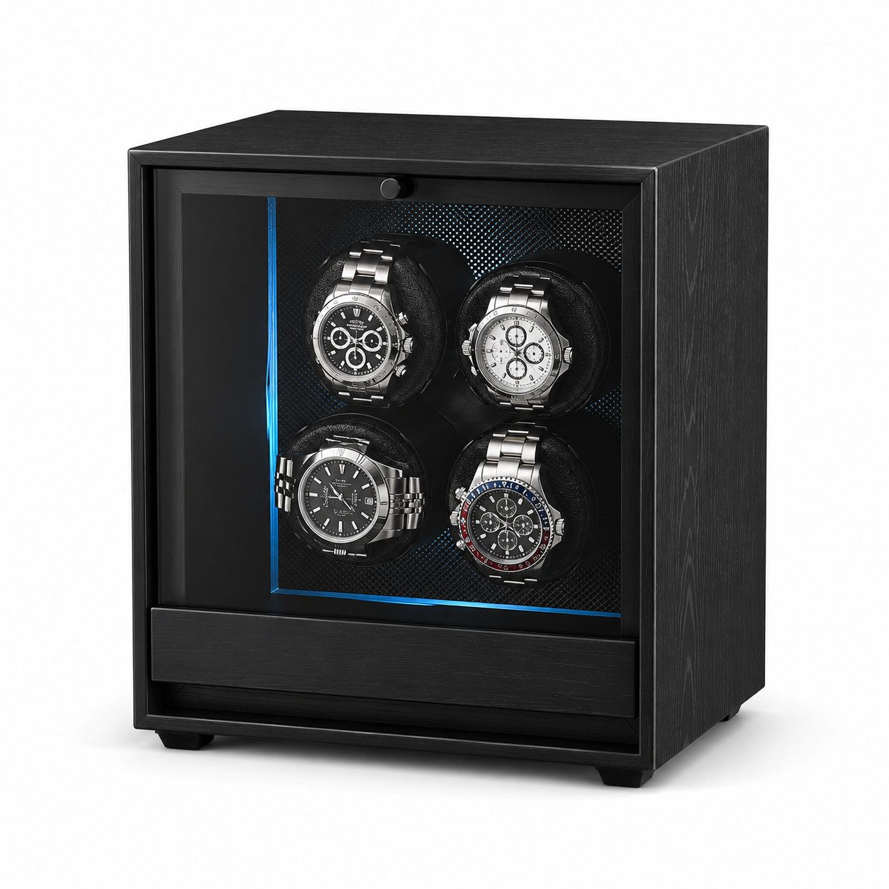 Tekoo Uhrenbeweger Uhrenbeweger für 4 Automatikuhren Holz mit LED-Beleuchtung, (Packung, Uhrenbeweger inkl. USB-Kabel und 4 Uhrenkissen), Antimagnetische Abschirmung, Flüsterleiser Betrieb