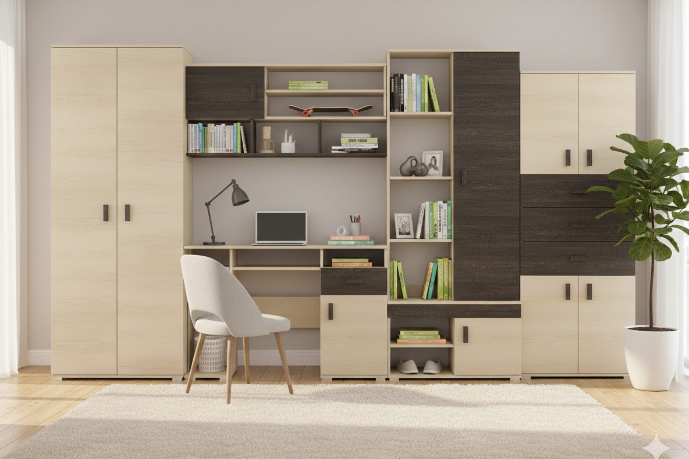 Deine Möbel 24 Jugendzimmer-Set NICO Wohnwand 350 cm mit Schreibtisch – Große Jugendzimmer, (Set, 1-tlg., Wohnwand Jugendzimmer in Esche / Eiche Canterbury Optik), inkl. Kleiderschrank, Regalen, Schubladen & Arbeitsplatz