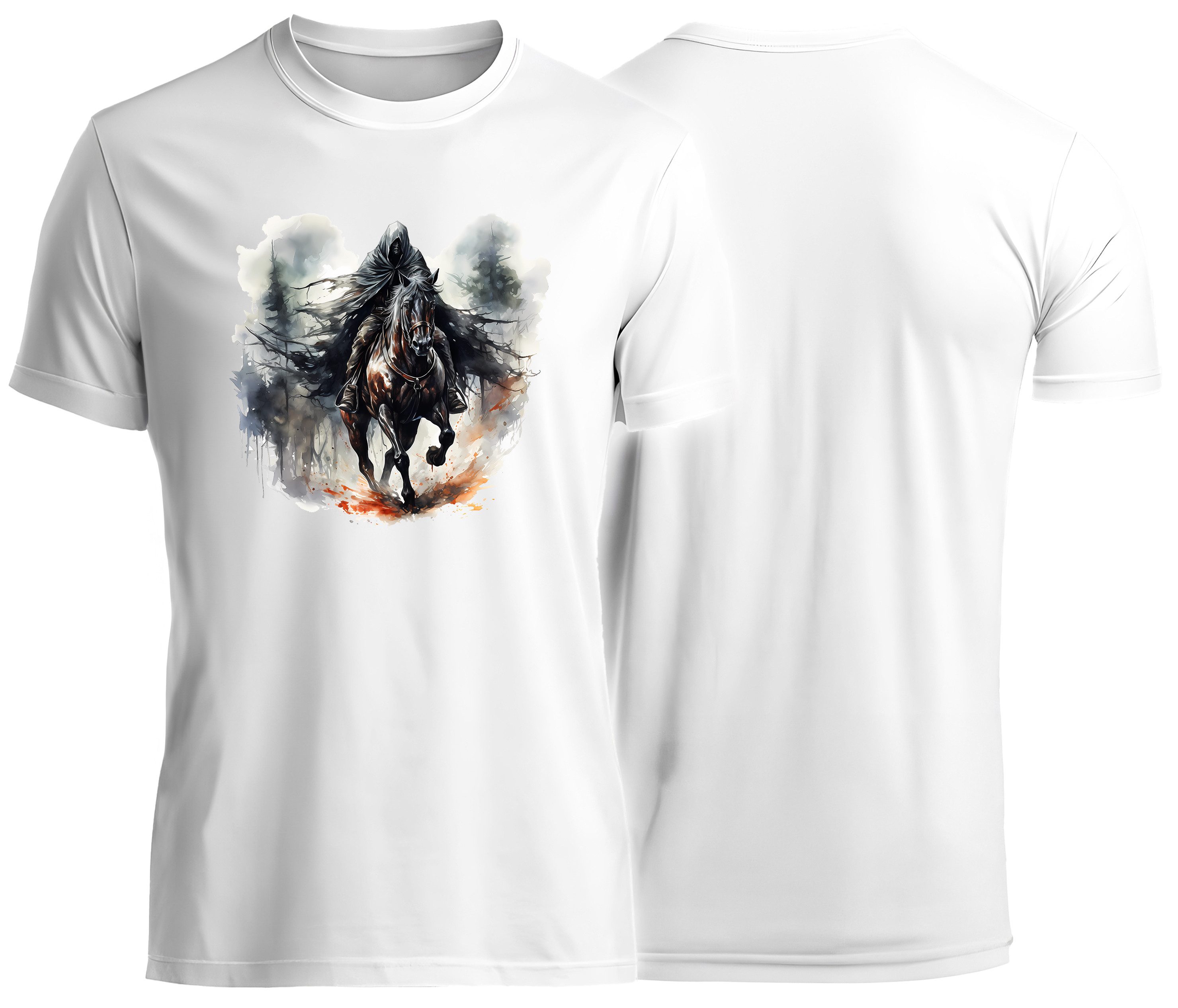 MyDesign24 T-Shirt Gothic kurzarm Shirt - düsterer Reiter Halloween T-Shirt weiss Regular Fit Gr.S i387
