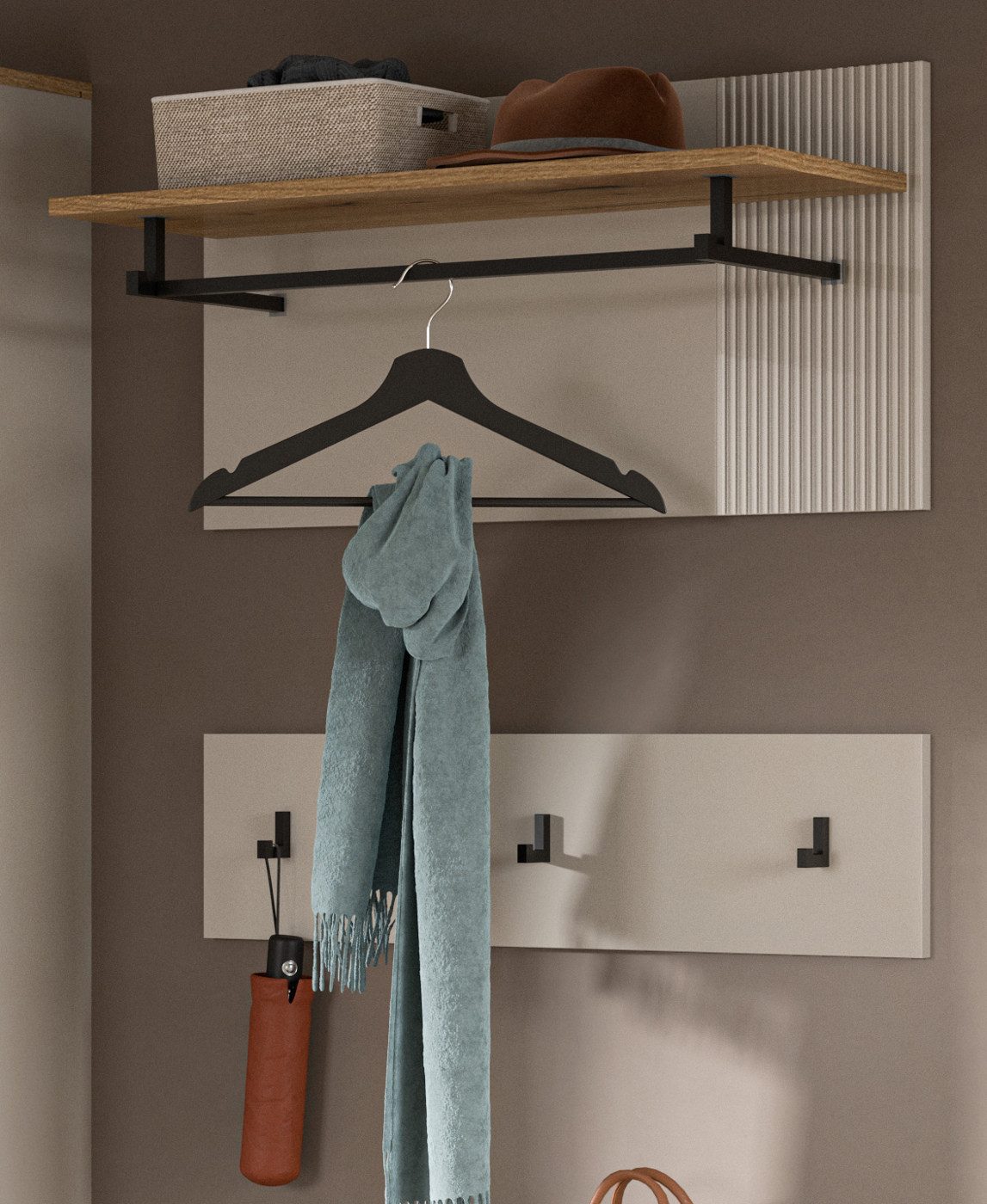 Inn.Furn Garderobenpaneel Skid (Wandgarderobe in Kaschmir Sand mit Eiche, Set 2-teilig, 80 x60 cm), mit Kleiderstange und Fräsungen