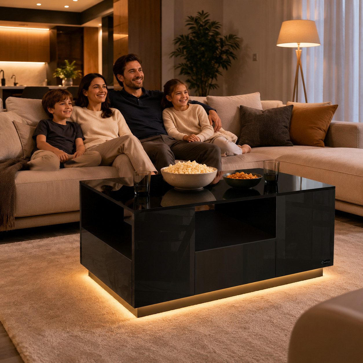 Makika Ablagetisch Design Couchtisch LED mit Schubladen - Schwarz Hochglanz