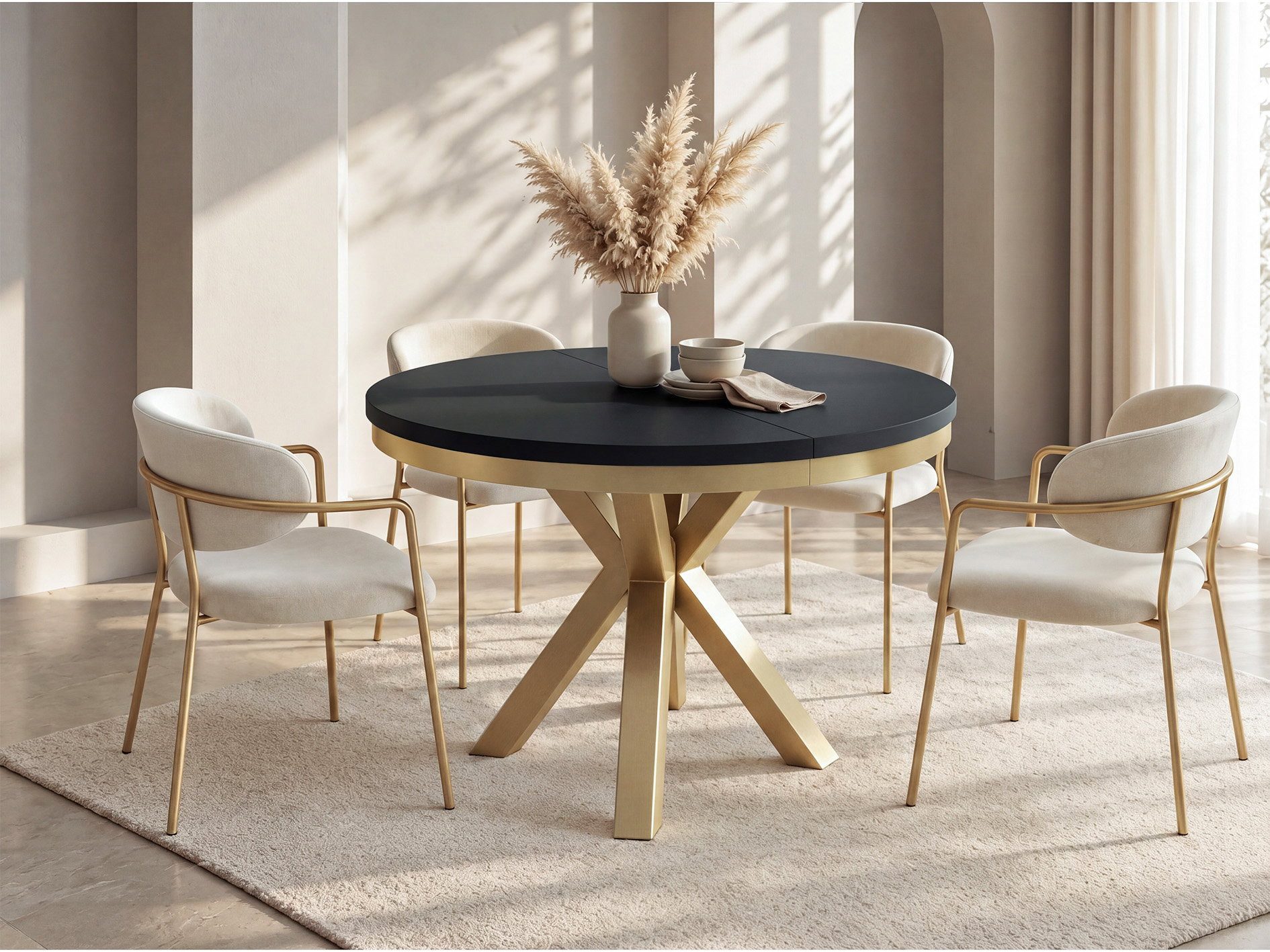 WFL GROUP Esstisch Clara Gold im Loft-Stil rund ausziehbar mit goldenen Metallbeinen (MADE IN EU, erhältlich in zwei Größen – 100/120 cm, ausziehbar auf 180/200 cm), platzsparender Industrial Tisch in Holzoptik für Wohnzimmer oder Küche