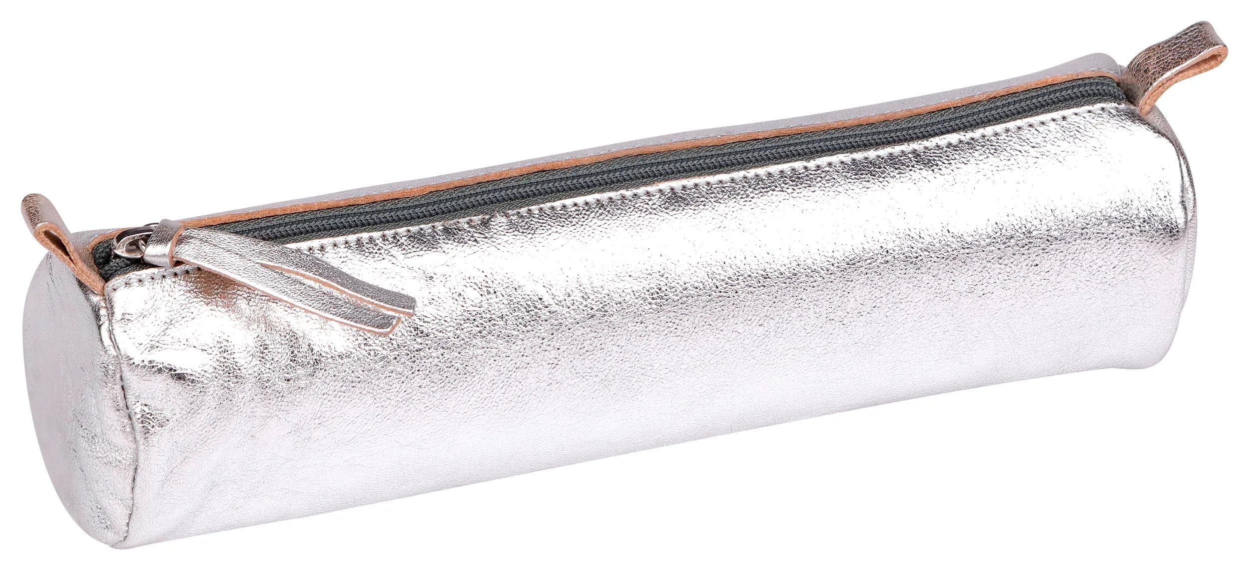 CLAIREFONTAINE Organizer 4x Schlampermäppchen Leder Cuirisé rund Ø5,5x22cm Silber 8688C, LEDER TASCHEN & LEDERWAREN