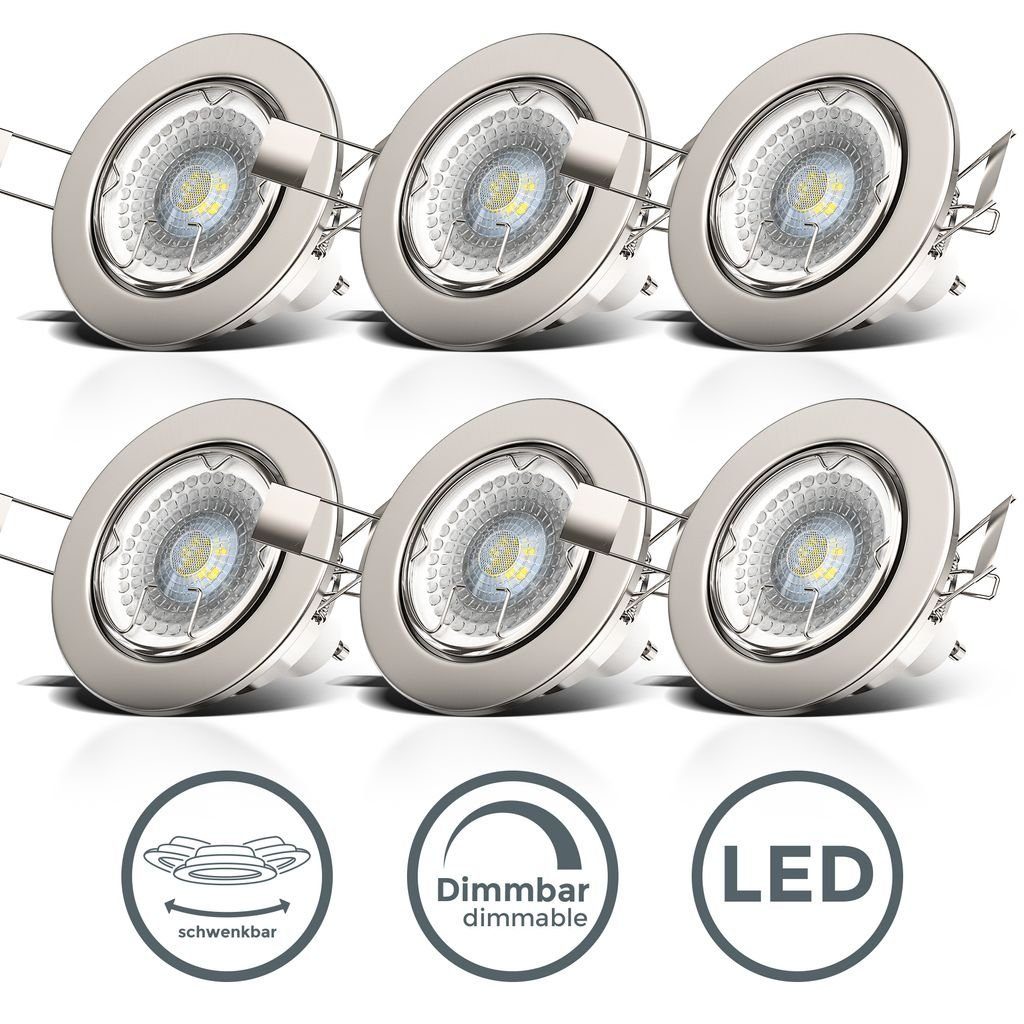 Einbaumaß B.K.Licht 10-04-06-S, flach Leuchtmittel SET 5,5W wechselbar, Einbauspots LED 3000K LED schwenkbar 6er Einbaustrahler Einbauleuchten dimmbar 86mm 68mm matt-Nickel - Warmweiß, Dimmfunktion, 400lm GU10