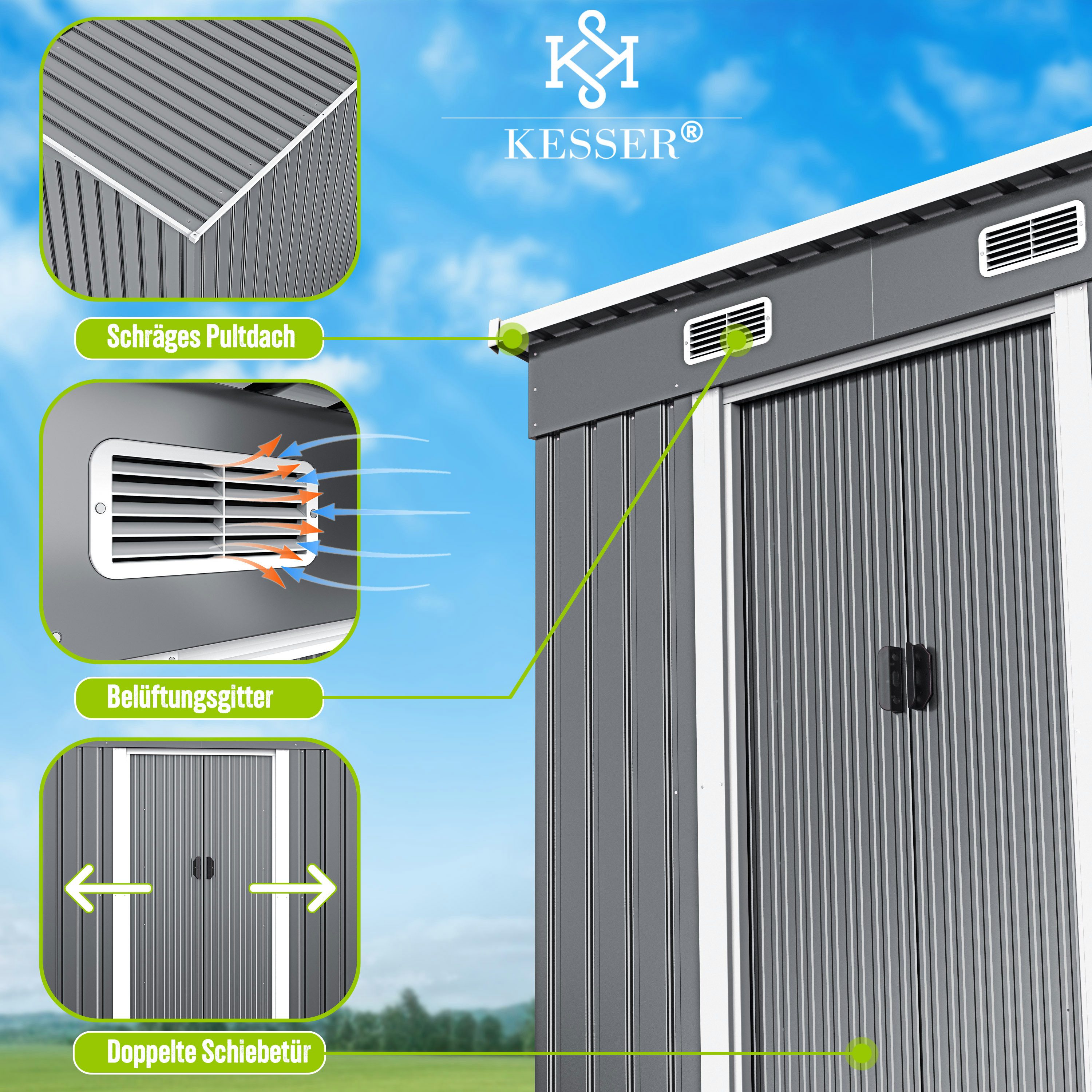 KESSER Gartenhaus, Gerätehaus Metall 4 m³ mit Fundament 194x112x181 cm