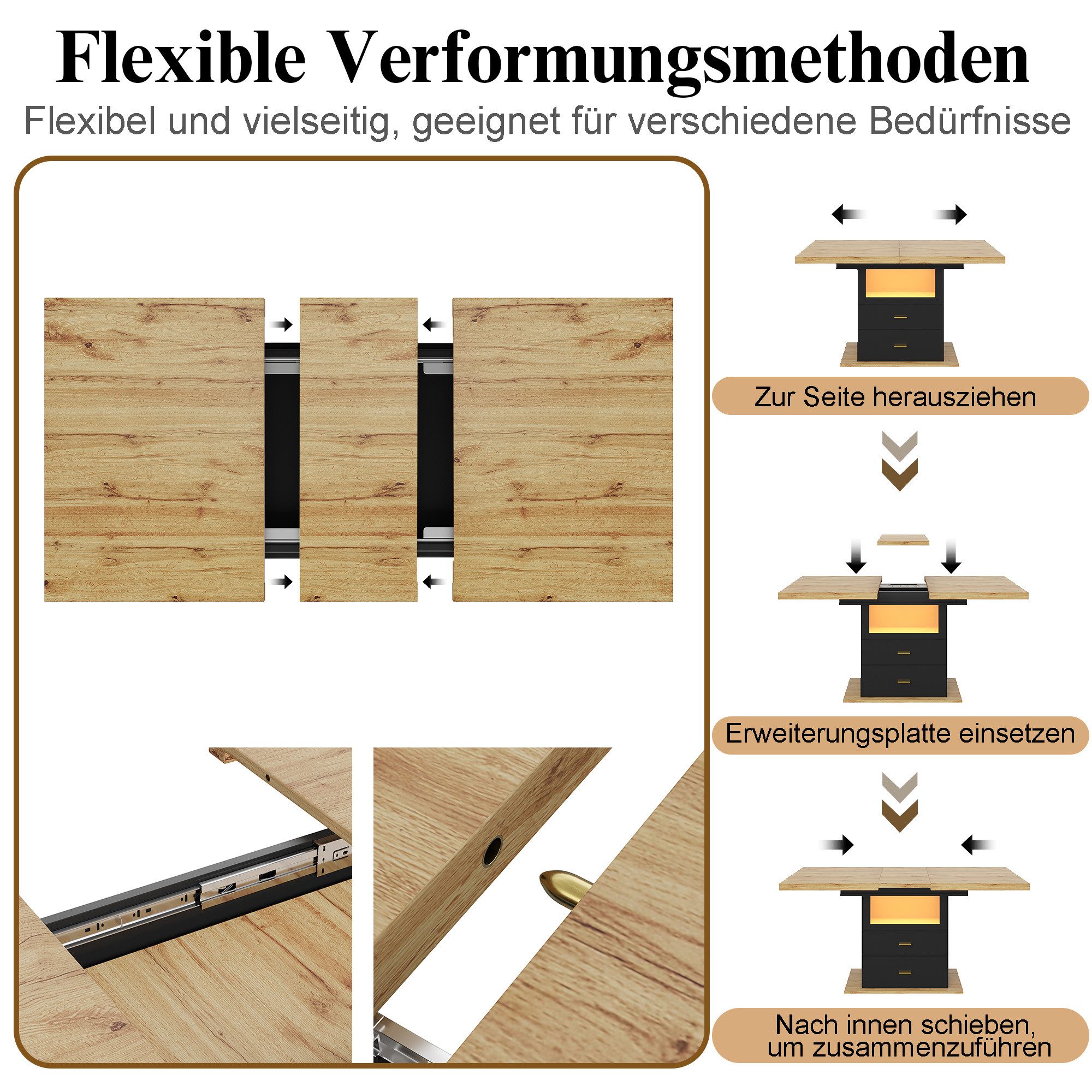 i@home Esstisch ausziehbarer Esstisch, (110-140)*80*75 cm (1 Tisch), Mit LED-Beleuchtung Esstisch, Platz für bis zu 6 Personen – Bild 5 von 5