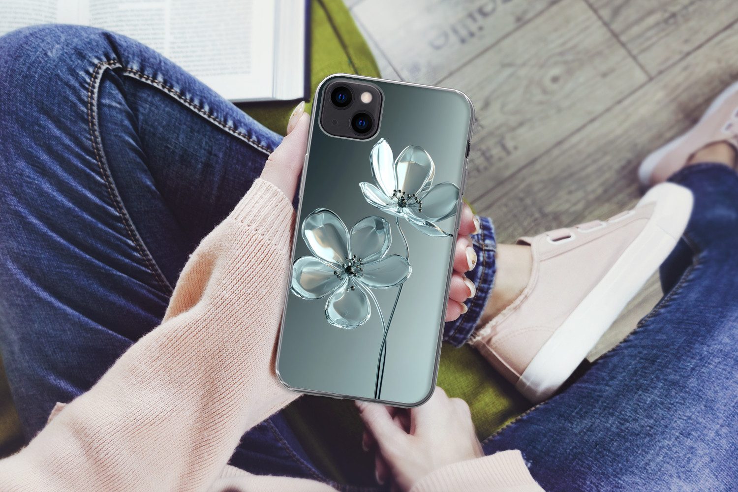 MuchoWow Handyhülle für Apple iPhone 13 mini Kristall - Blumen - Grau, Smartphone-Bumper, Print, Handy Schutzhülle Dünn