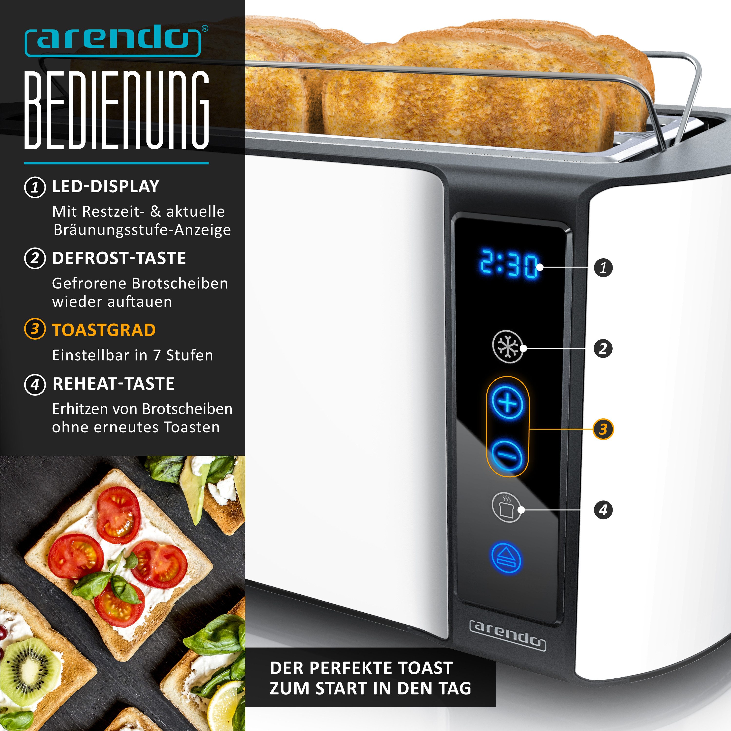 Arendo Frühstücks-Set Edelstahl Wasserkocher 1,5l, 4-Scheiben Langschlitz Toaster, weiß (2-tlg), Wasserkocher mit Temperatureinstellung, Toaster Brötchenaufsatz – Bild 5 von 5