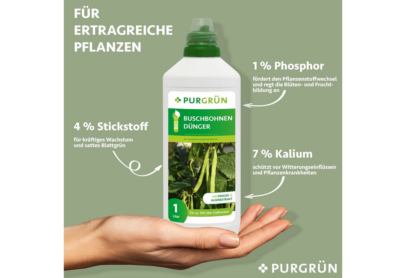 Thumbnail - Purgrün Gemüsedünger Purgrün Bio Buschbohnen Dünger, NPK 4+1+7, Algenextrakt, 1 Liter, Flüssigdünger, extra Kalium für e...