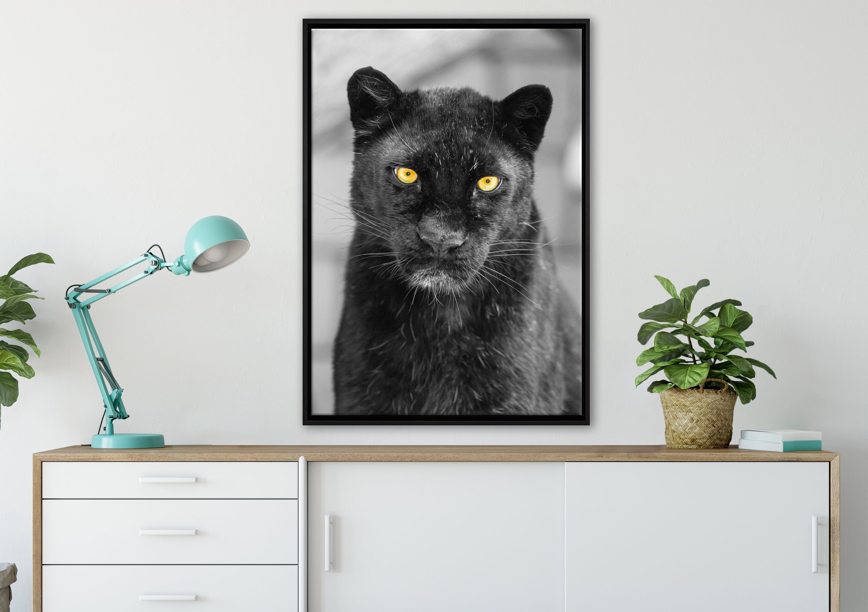 Pixxprint Leinwandbild prächtiger Panther, (1 in einem Wanddekoration bespannt, Leinwandbild Zackenaufhänger inkl. Schattenfugen-Bilderrahmen fertig St), gefasst