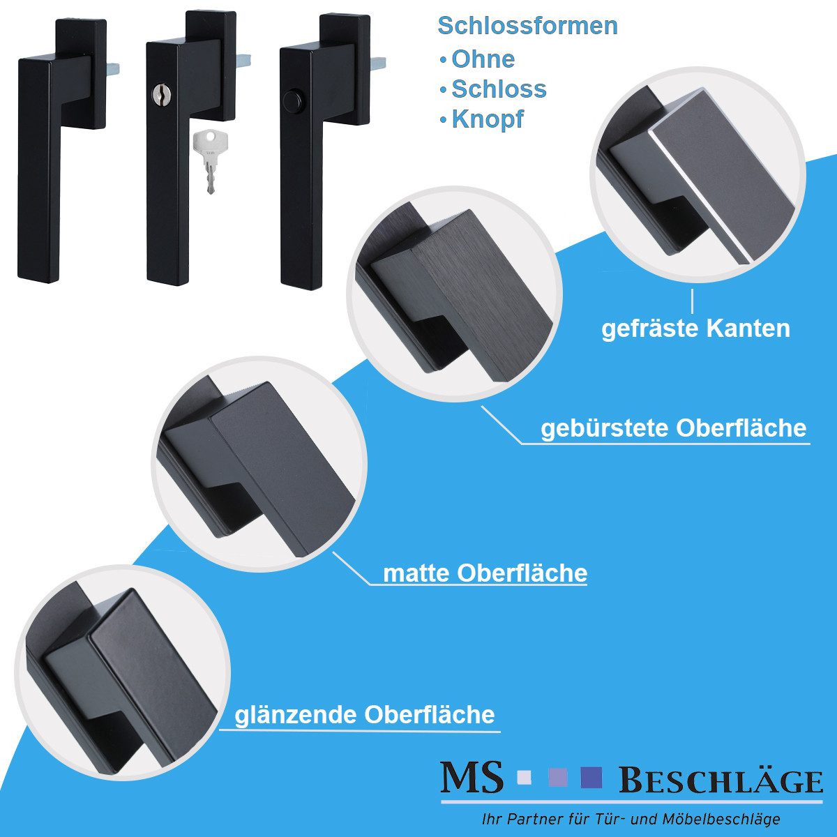 MS Beschläge Fenstergriff Aluminium Design Fensterolive Schwarz 45°Rasterung, pulverbeschichtet