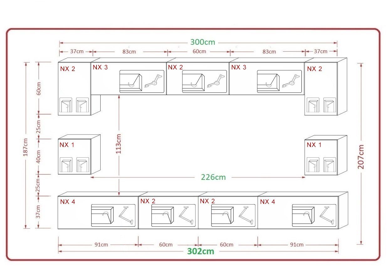- und Stil Set, und für Eiche Material Wohnzimmer, - Größe - 11-St., LED Wohnwand: Design Premium dein Platzbedarf ROYAL24_MARKT Sonoma Funktionalität Beleuchtung), Wohnwand (Komplett Hochwertige