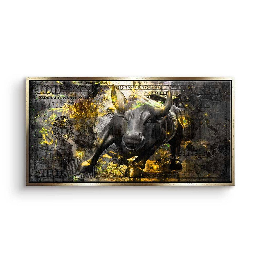 DOTCOMCANVAS® Leinwandbild, Premium Leinwandbild - Motivation - Black Bull - Trading goldener Rahmen