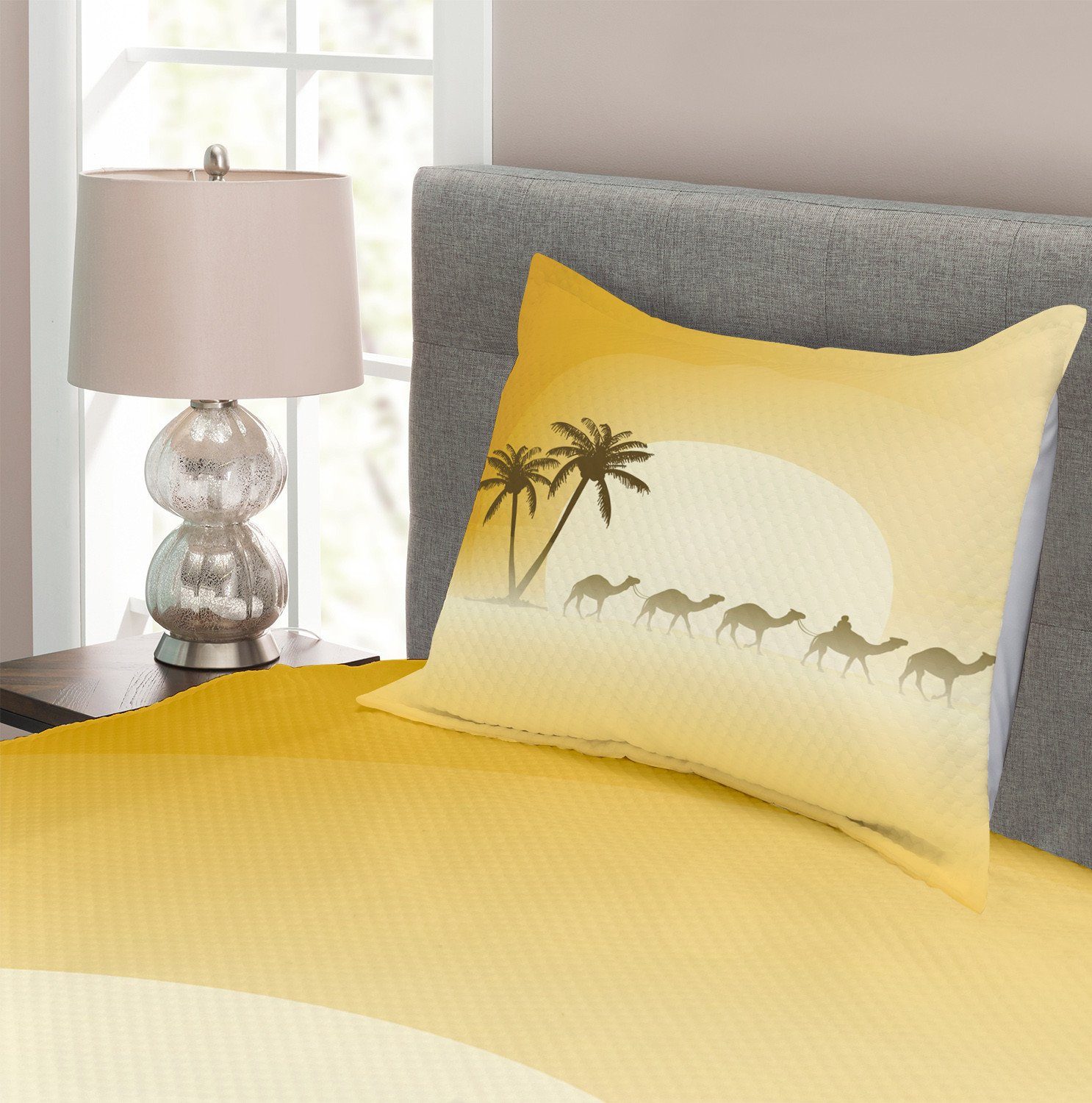 Palmen Set Düne Kissenbezügen Tagesdecke und Abakuhaus, Waschbar, Kamel-Wohnwagen mit