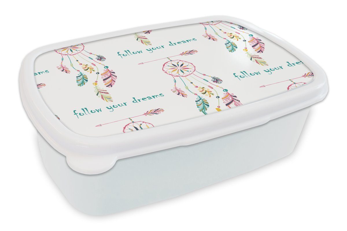MuchoWow Lunchbox Träume - Traumfänger - Federn - Regenbogen, Kunststoff, (2-tlg), Brotbox für Kinder und Erwachsene, Brotdose, für Jungs und Mädchen weiß