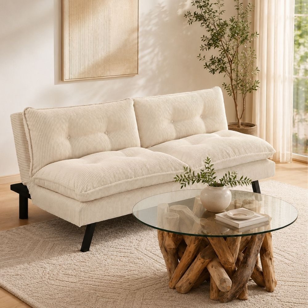 LebensWohnArt Sofa Schlafsofa CAPULO Beige Cord 190cm 3-Sitzer Couch modern