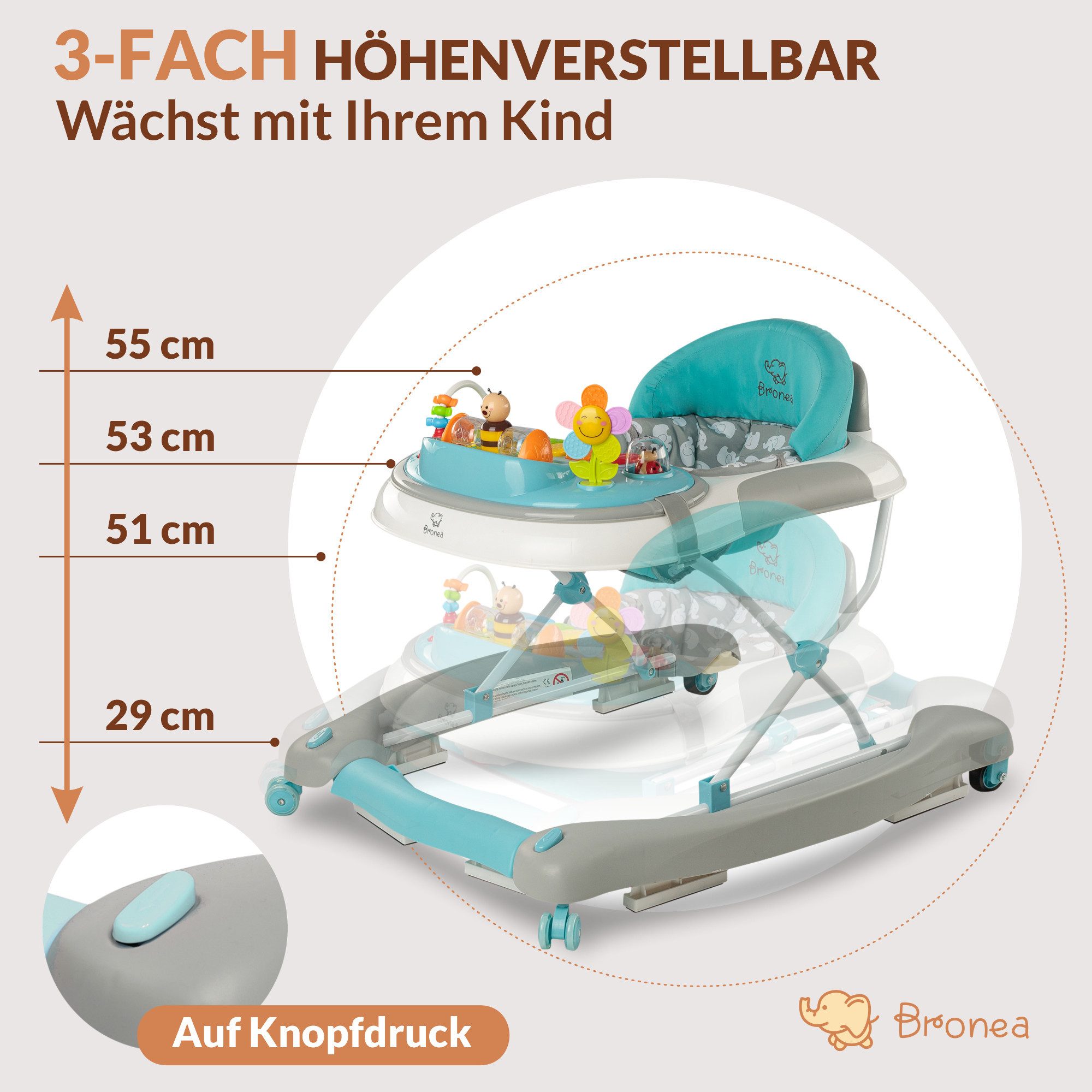 Bronea Lauflernhilfe Happy Life 4-in-1 Babywalker Gehfrei Baby Lauflernwagen Schaukel Blau, (Laufhilfe für Baby ab 6 Monate, Musik & Licht, Höhenverstellbar, Klappbar, Türkis-Grey), Im nu - auf Knopfdruck - zum Schaukel, Widerstand Reifen einstellbar