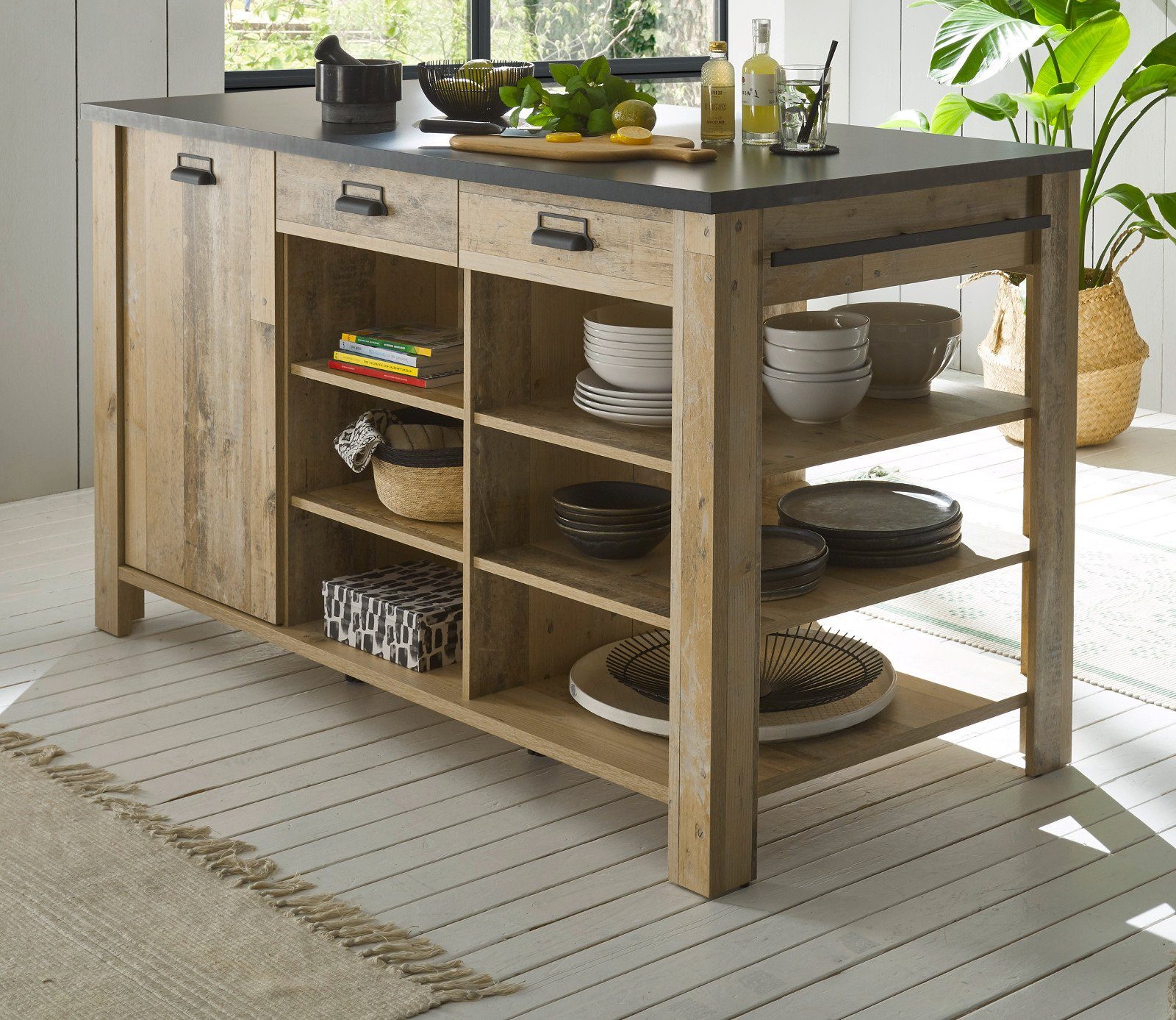 (Küche Küchenbuffet Used mit in IMV 7-teilig) Wood, Stove Schrank-Set Soft-Close, Inselschrank inklusive