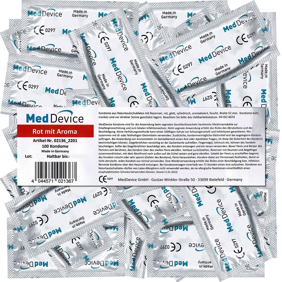 MedDevice Kondome Rot mit Aroma Vorratsbeutel mit, 100 St., Profikondome aus Deutschland -, rote Profi-Kondome mit fruchtigem Erdbeer-Duft