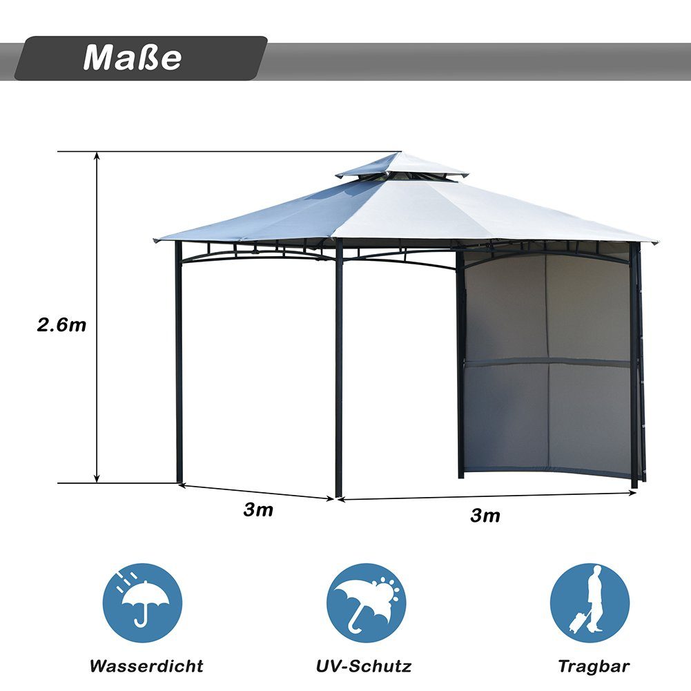 Pavillon, mit 1 Seitenteilen, Gartenpavillon mit ausziehbare Seitenteil, Wasserdicht Partyzelt, UV-Schutz, Stahlgestell, 3 x 3 x 2,6 m