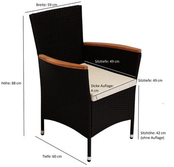 DEGAMO Garten-Essgruppe MONTREUX, (7-tlg), (6x Sessel mit Holzarmlehnen, 1x Tisch), Metall und Polyrattan schwarz