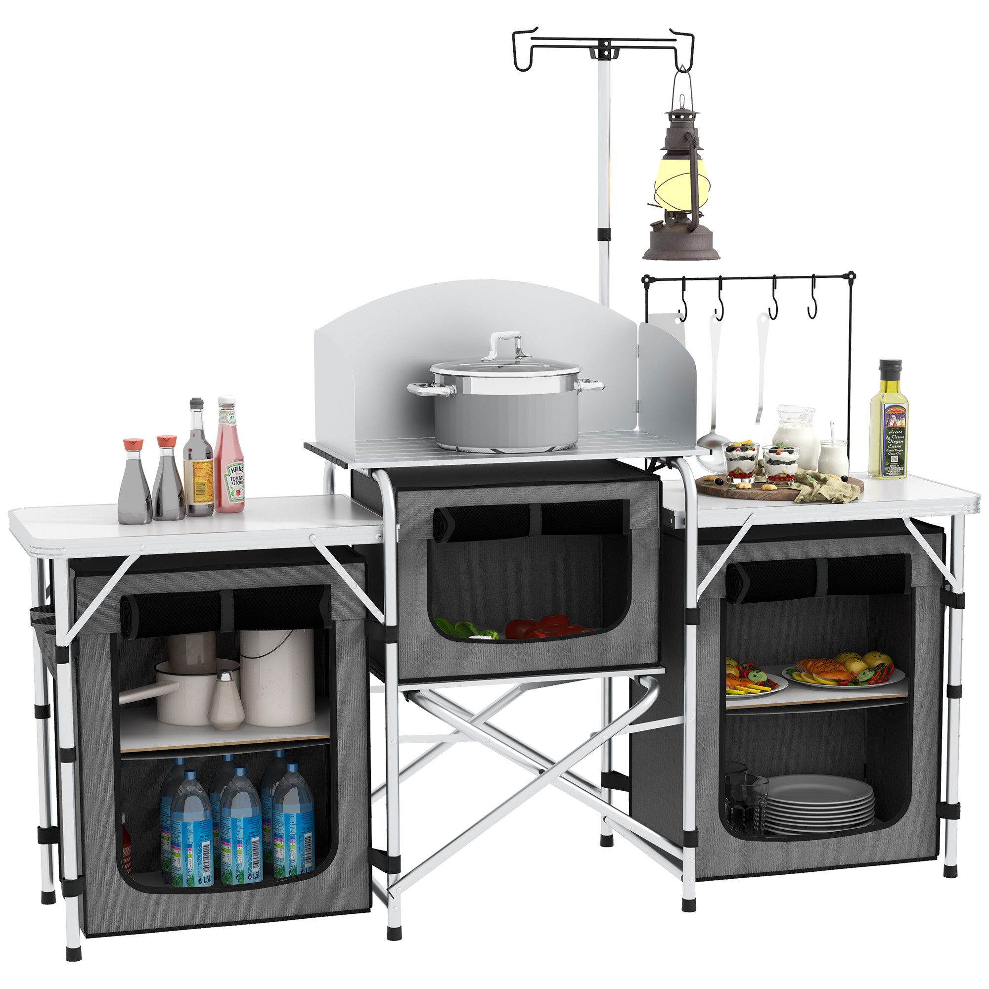 Outsunny Campingtisch klappbar, UV-Schutz, mit 3 Stofffächer (Campingschrank, 1-St., Campingküche), für Garten, Campingplatz, Grau,172x48x119cm