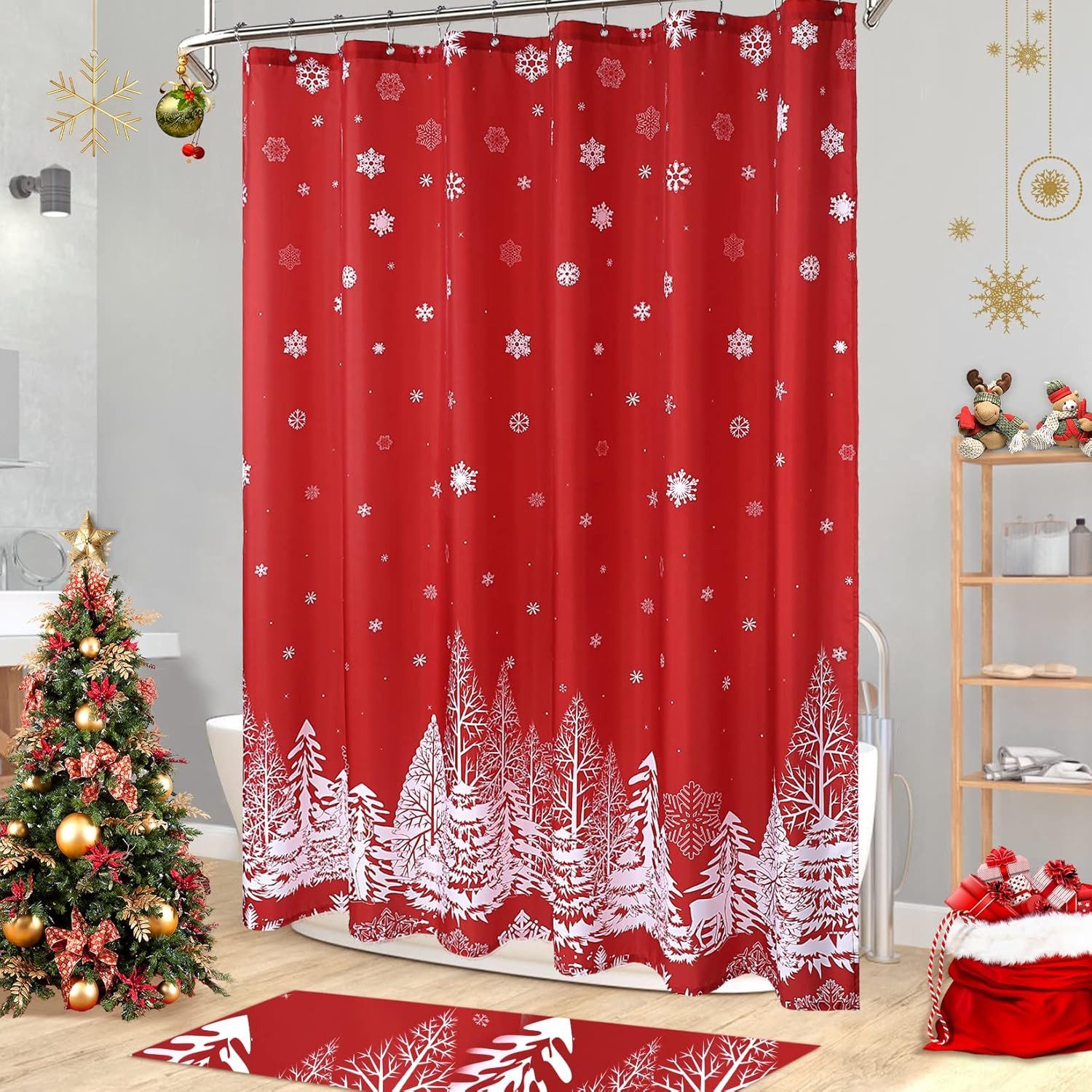 GarveeMore Duschvorhang Weihnachts,gewichteter Boden, Weihnachtsbaum und Schneeflockenmuster Breite 183 cm, Badezimmer-Duschvorhang, Badezimmer-Deko, wasserdichter Duschvorhang