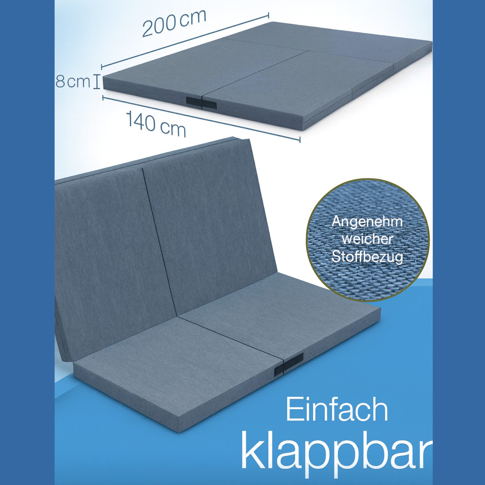 Klappmatratze 3-in-1 mit waschbarem Bezug, platzsparend als Sitzwürfel nutzbar, belviona, 8 cm hoch, Faltbares Gästebett mit Seitentaschen 140x200 cm