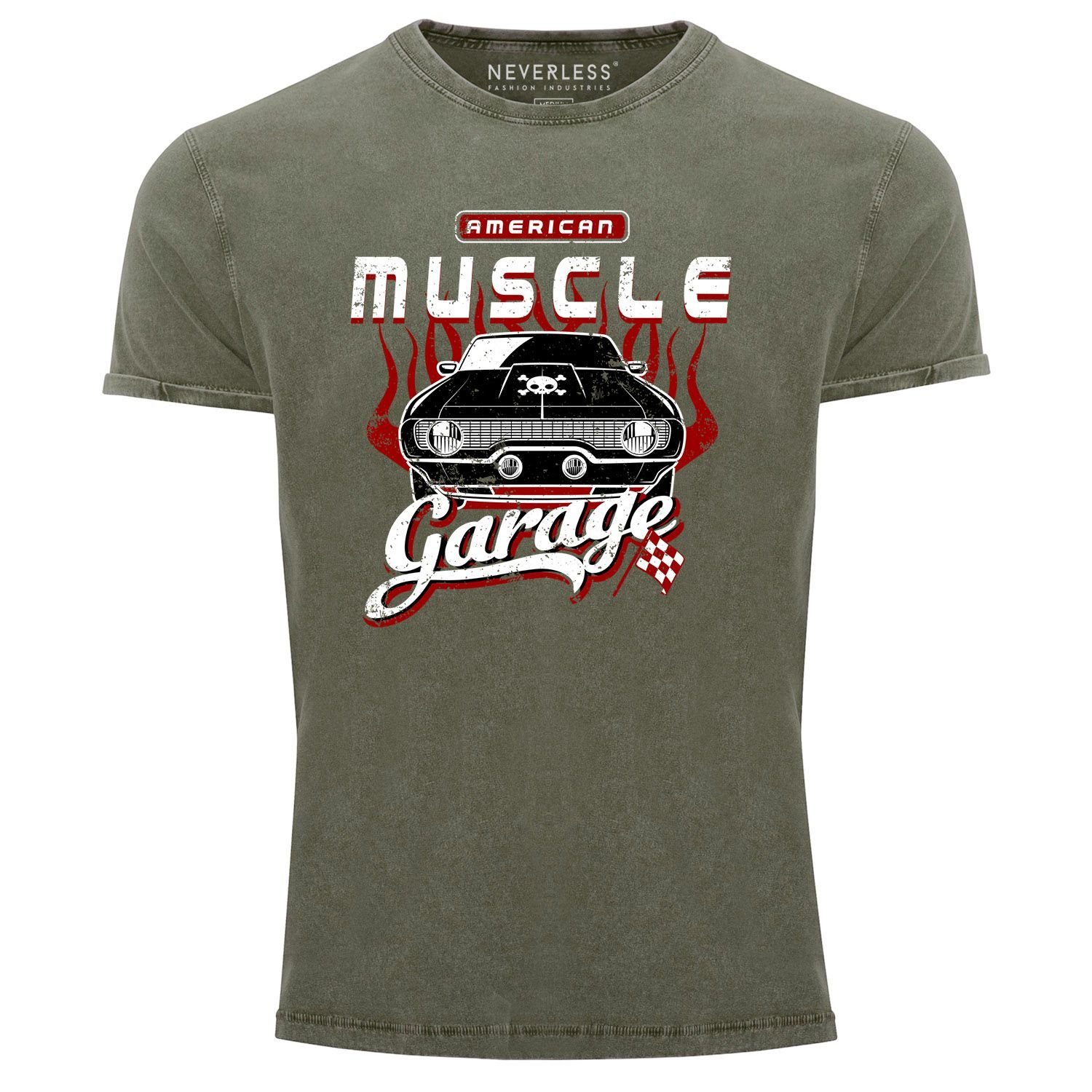 Neverless Print-Shirt Cooles Angesagtes Herren T-Shirt Vintage Shirt Retro American Muscle Car Used Look Slim Fit Neverless® mit Print oliv