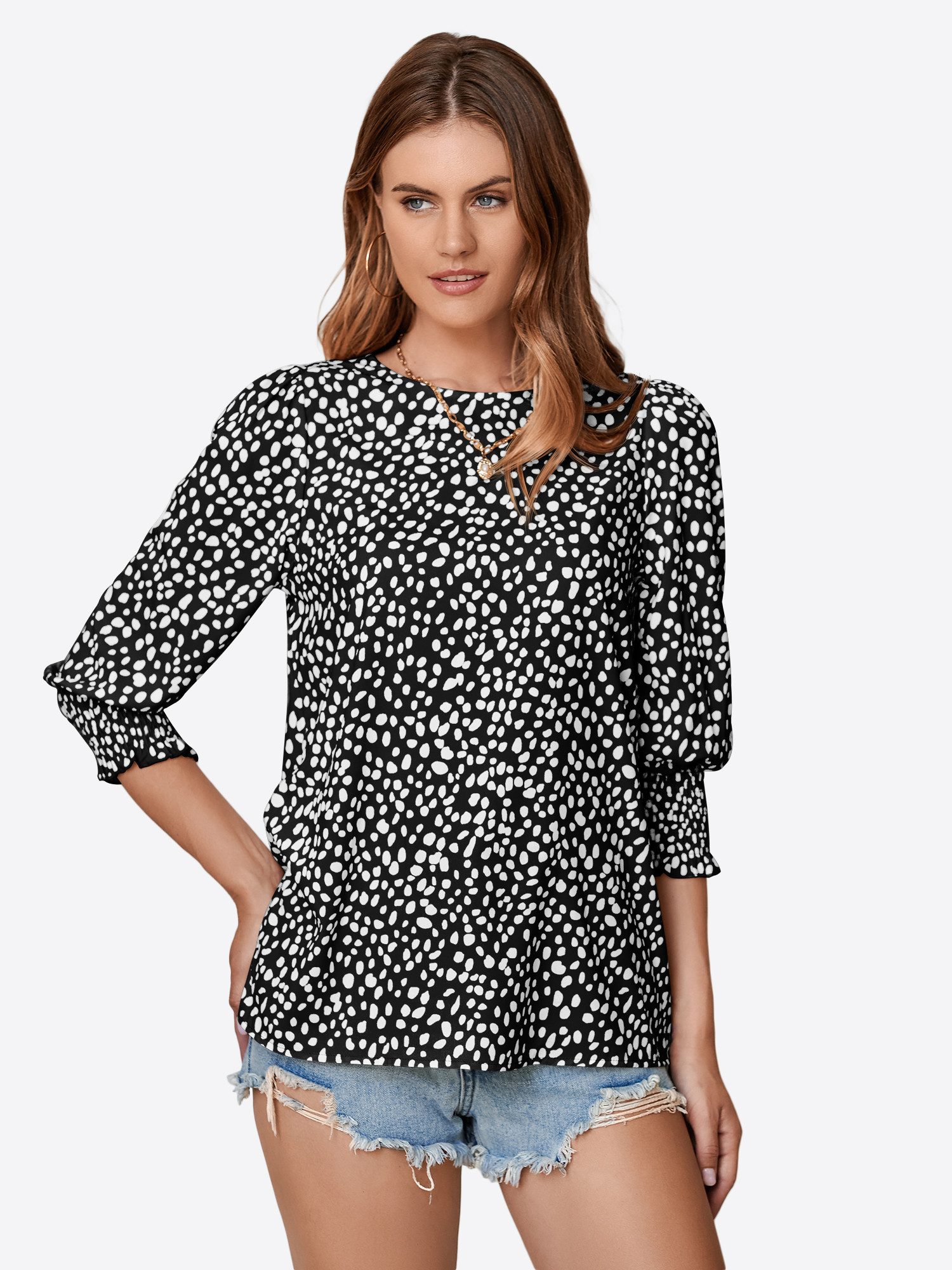 Druckbluse Damen Fleckenmuster Rundhals 3/4-Ärmel Sommer Lässig Alltag