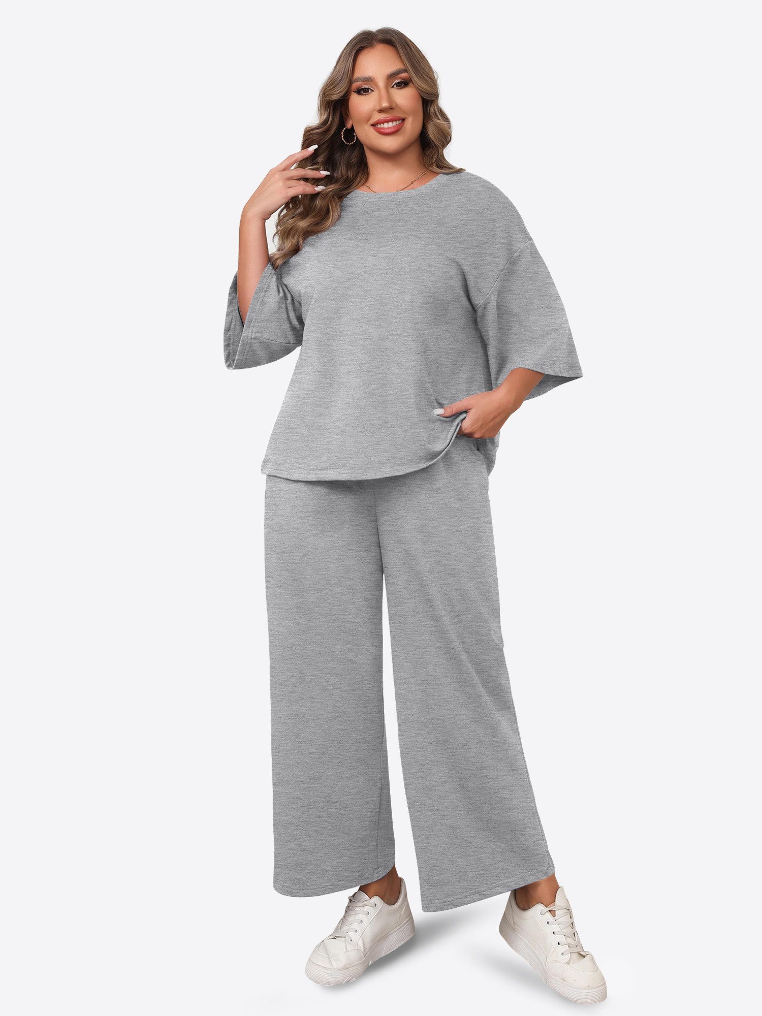 Imily Bela Hausanzug Damen Schlafanzug 2-teiliger in Übergröße (Set, 2 tlg., 3/4-Arm Bluse + Weite Hose) in Unifarbe